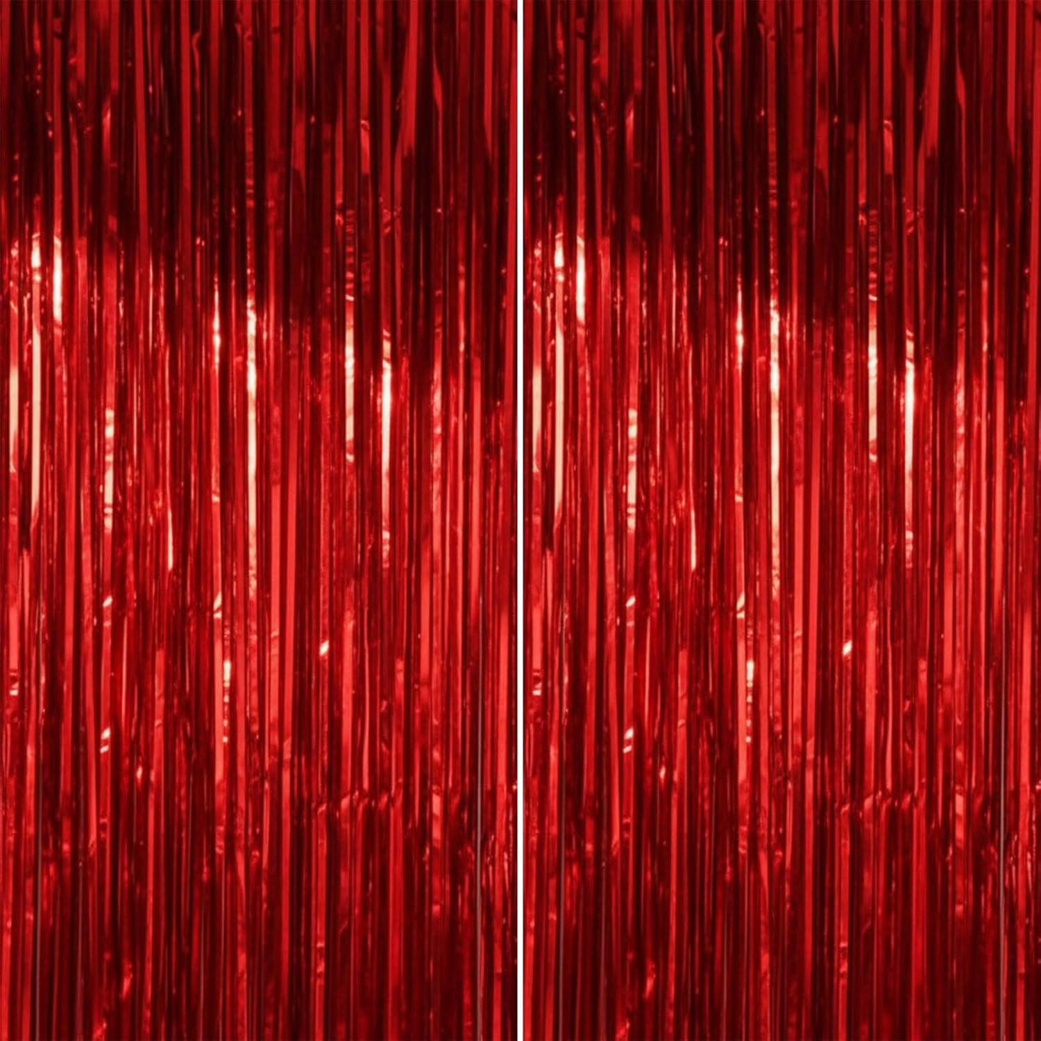Red Curtain Christmas Decoration Party Backdrop, 2 Pack Red Fringe Foil Streamer Tinsel Curtain for Wall Door, Compatible with LED Lights and Balloons, Ruibex