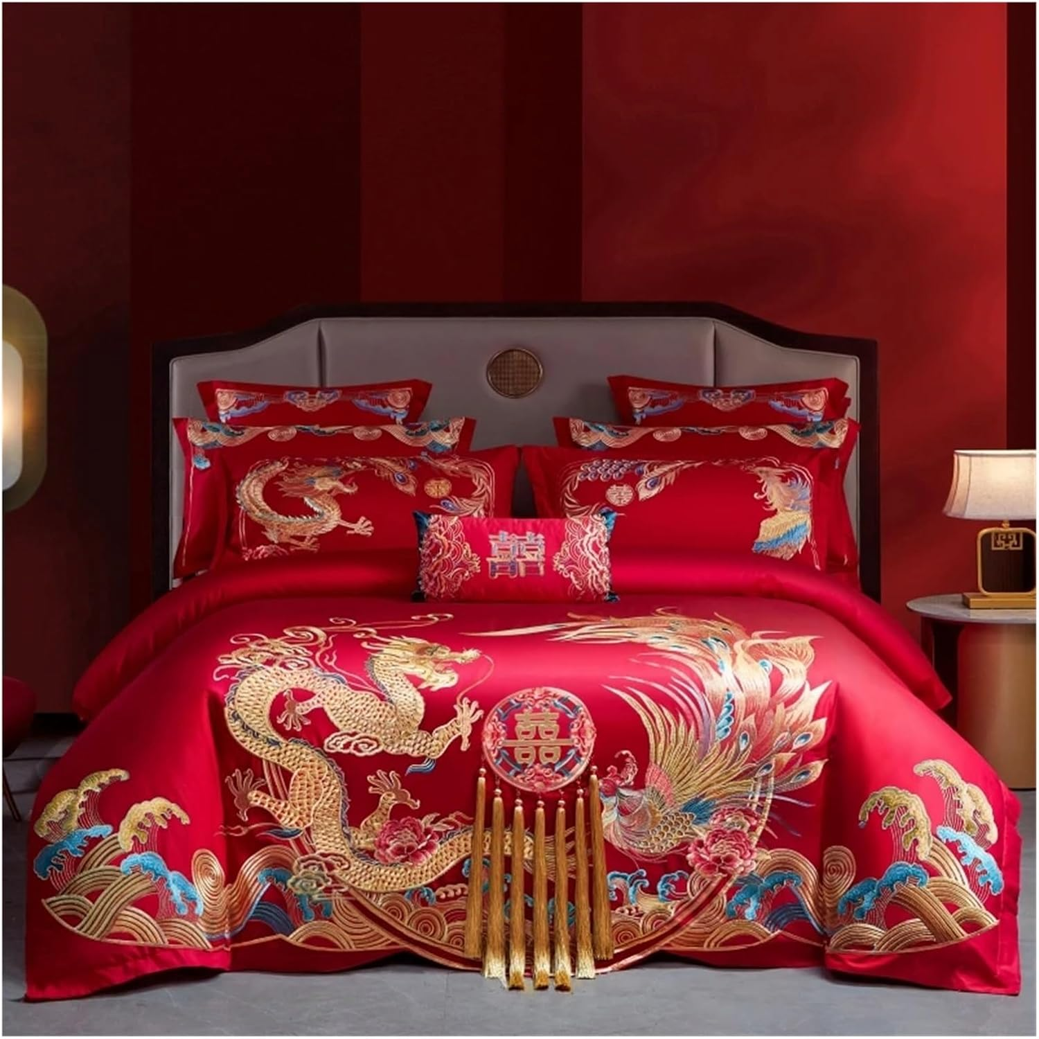 Chinese Wedding Luxury Bedding Set Gold Tassels Loong Phoenix Embroidery Red Duvet Cover Bed Sheet Pillowcases Home Textile,Bedding(Phoenix Dancing,Queen Size 8Pcs)