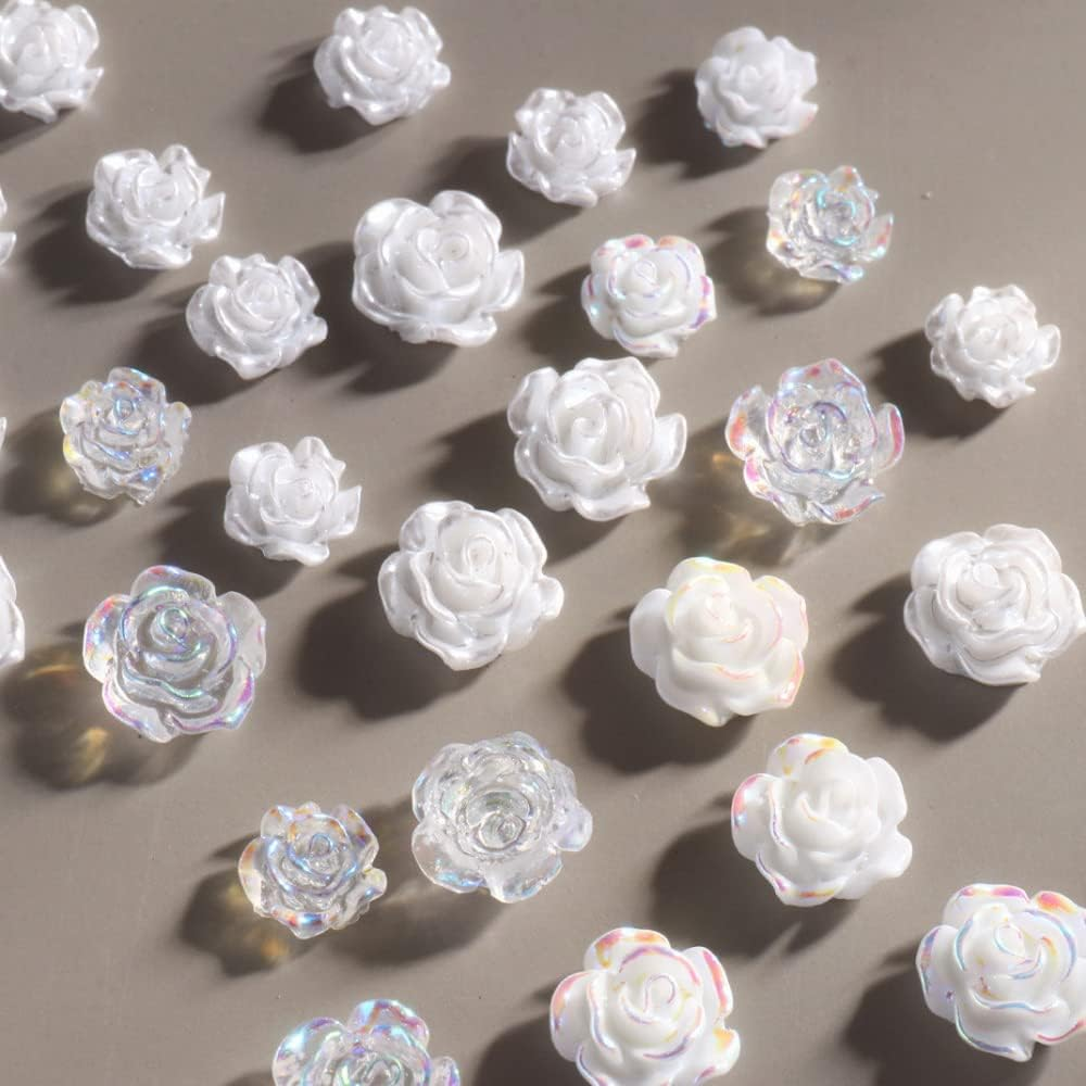 Woration Resin Nail Art Charms Decorations Decals 5D Nail Accessories Craft Ornaments Supplies White & Transparent Three-Dimensional Camellia Rose Flower 6 Grids image number 4