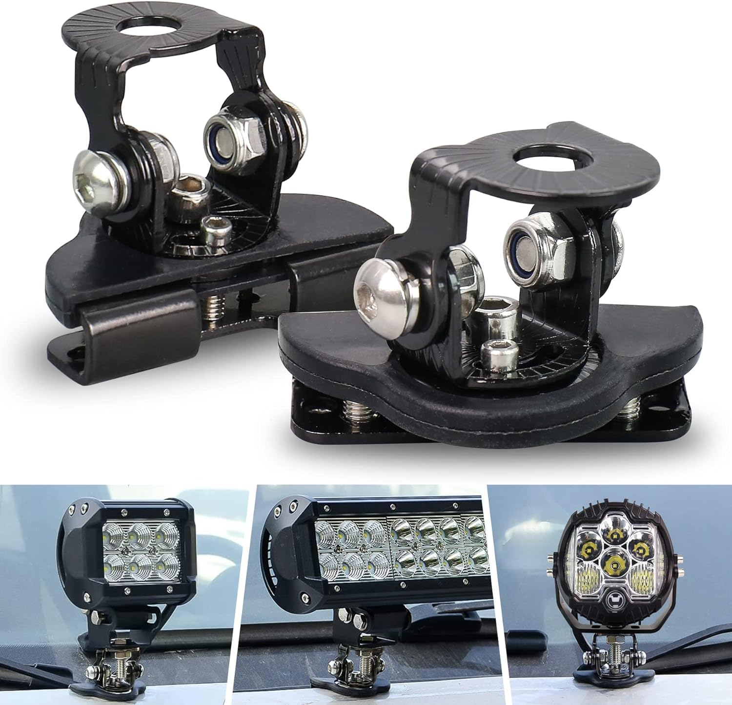 LED Light Mounting Brackets Black No Drilling 304 Stainless Steel Adjustable Pillar Hood Light Mount Bracket Clamp Holder for Jeep off Road Vehicle Trucks SUV 2Pack image number 4