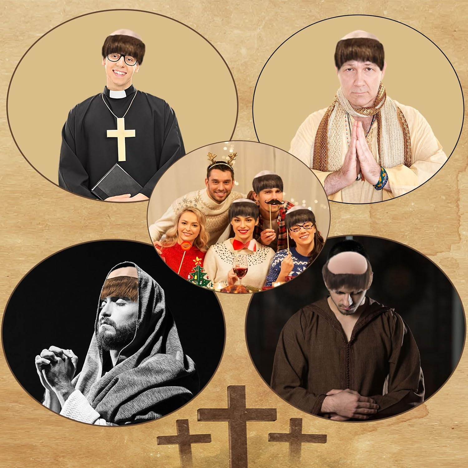 Brown Monk Wig, Wig Man Halloween Monk Costume, Short Wigs Men Carnival Wigs Cap Bald Tonsure Latex Costumes Adult Cosplay Party (Brown)