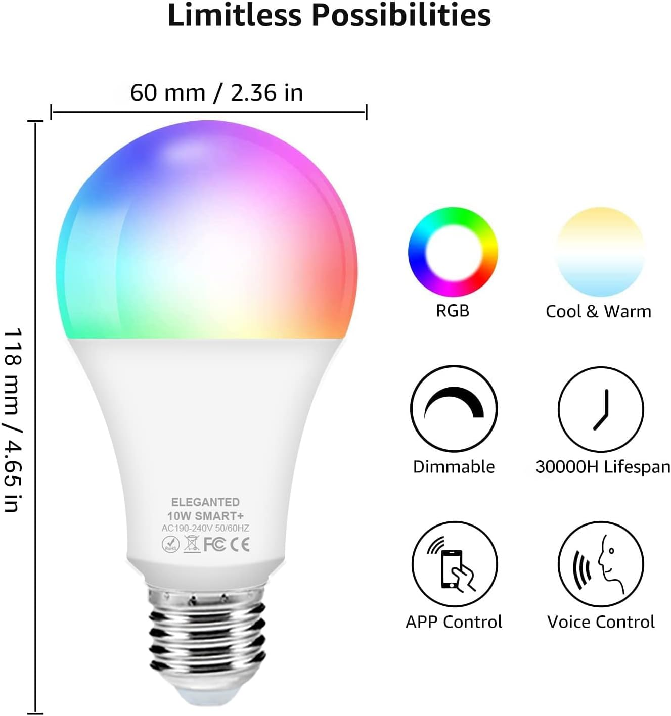 4 Pack Smart Wi-Fi LED Bulbs, E27 Light Bulbs, RGBW Smart LED Light Bulbs with 16 Million Colors, Cool and Warm White Light, Dimmable 2700K to 6500K White Lights image number 3