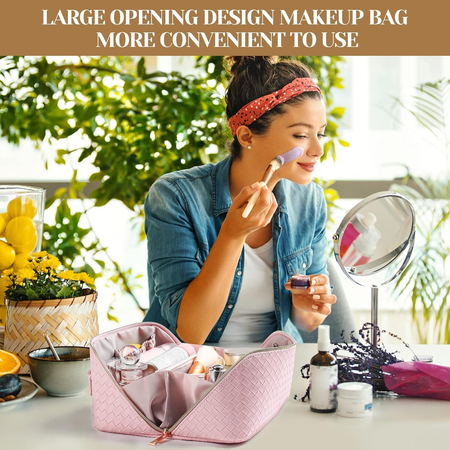 Large Capacity Travel Cosmetic Bag,Makeup Bag,Pu Leather Waterproof Cosmetic Bag,Women Portable Travel Makeup Bag with Handle and Divider Flat Lay Makeup Organizer Bag image number 2