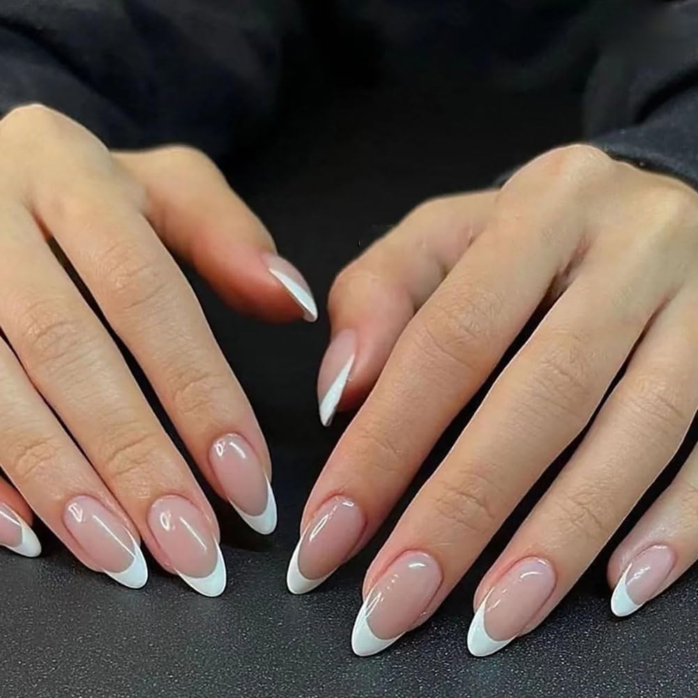 LOPHE 24 Pcs Press on Nails Fake Nails Square Short French False Nails Nude Pink Nail Stickers for Women and Girls Nail Art F