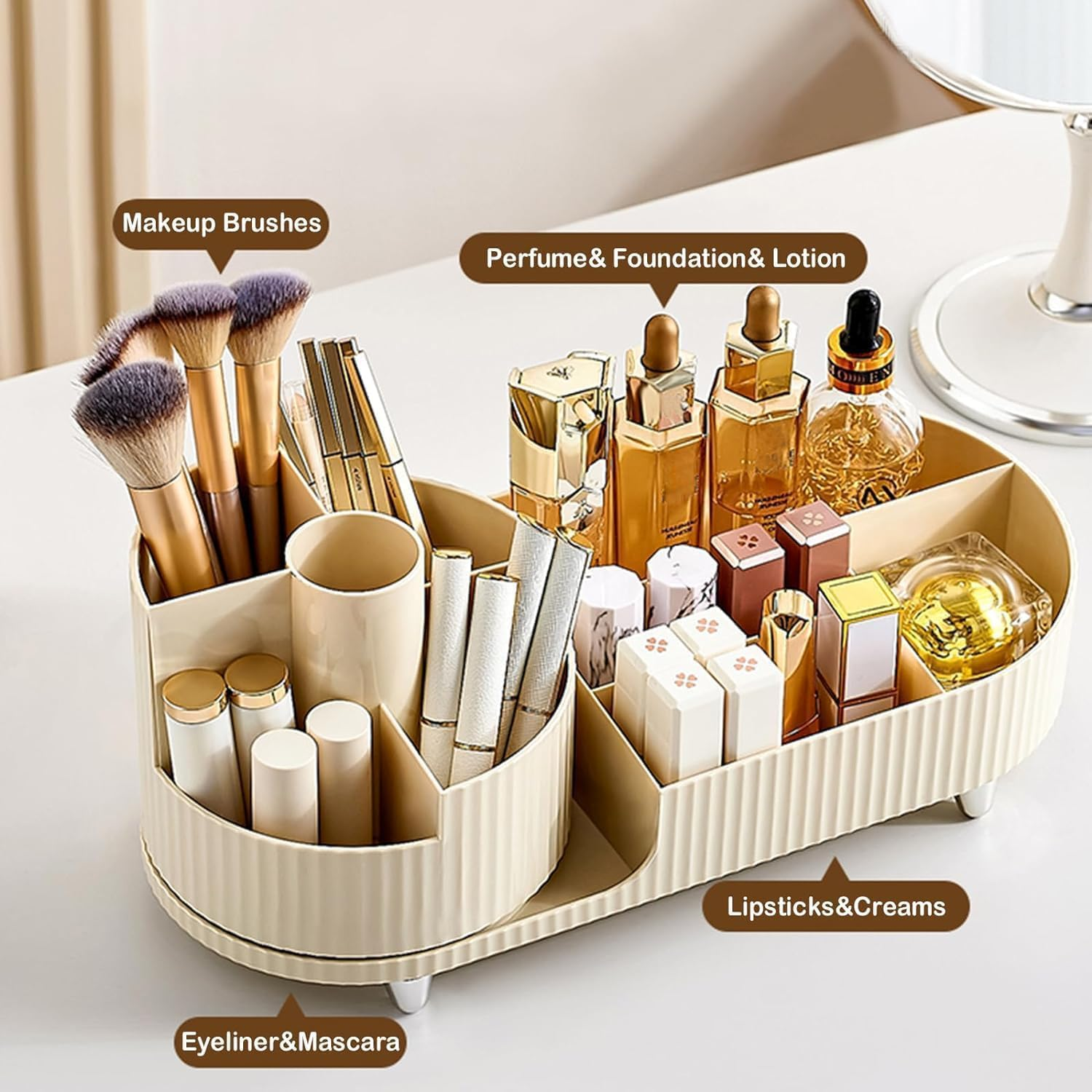METOY Rotating Makeup Organizer,Large Capacity Cosmetic Display Case, Easy to Hold All of Your Makeup Products, at Least 20 Makeup Brushes/Eyeliner,10 Lipsticks,8 Skincare Products (Beige) image number 6