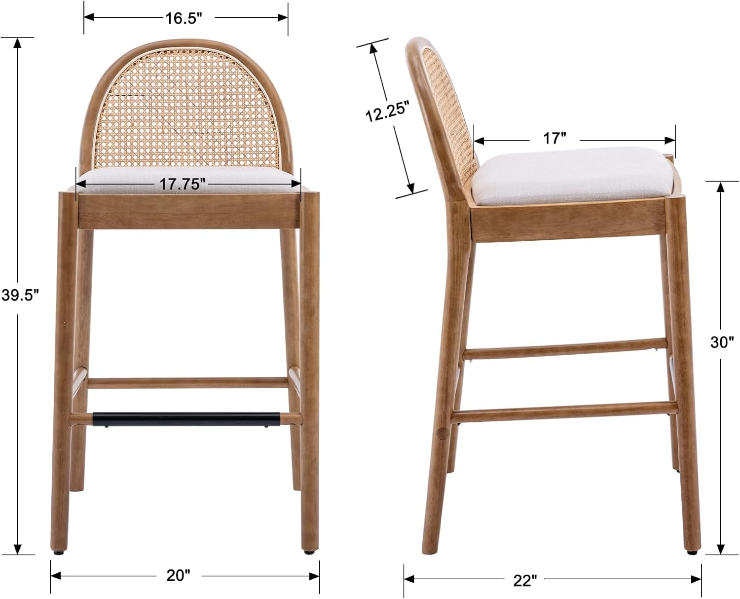 Ya-Home Mid-Century Bar Stools Set of 2, 30 Inch Counter Height Rattan Back Linen Barstools Comfy Upholstered Bar Chairs with Wooden Legs for Kitchen Dining Room, Beige image number 4