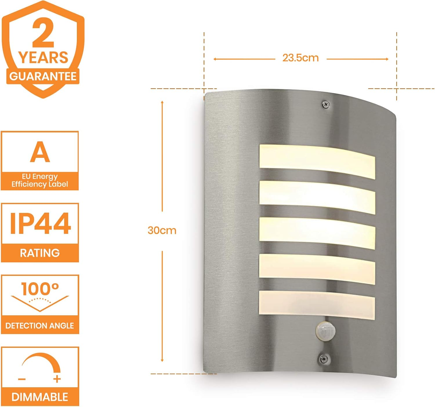 Bianco Stainless Steel and Frosted Opal Lens Curved IP44 Rated PIR Motion Sensor Outdoor Garden Wall Mounted Security Light image number 4