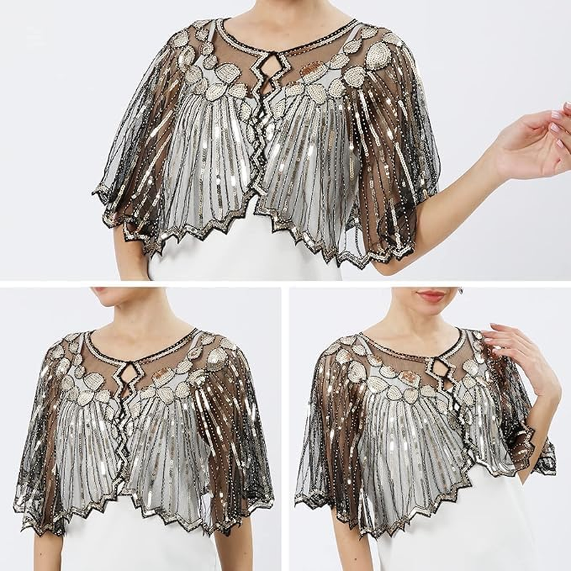 Women'S 1920S Shawl Wraps Beaded Sequin Cape Evening Flapper Cover Up image number 4