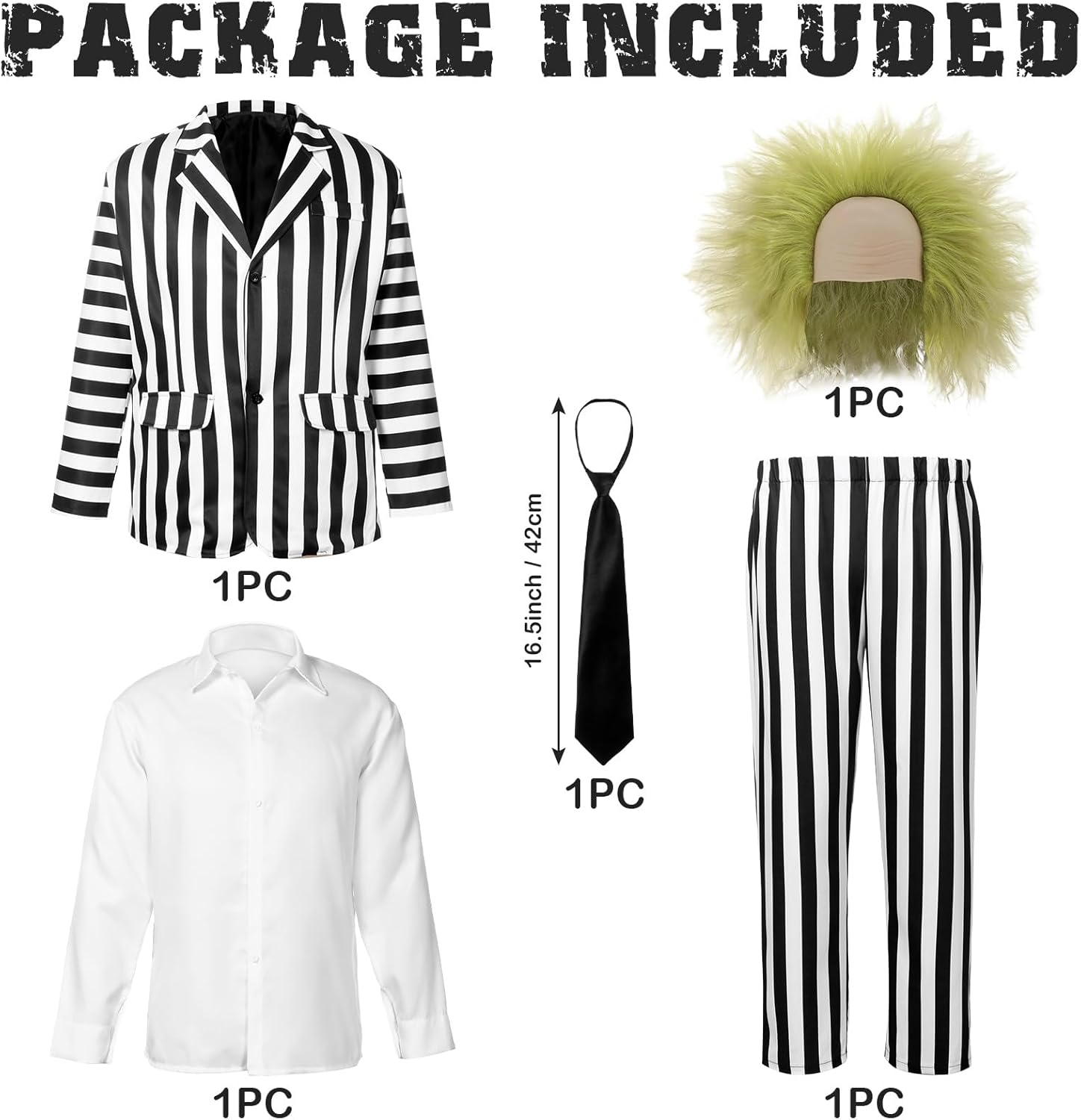 Men Black and White Striped Suit Cosplay Halloween Costume,Adult Horror Comedy Character Cosplay Outfit with Jacket, Shirt, Pants, Tie, Wig,For Men Scary Halloween image number 4