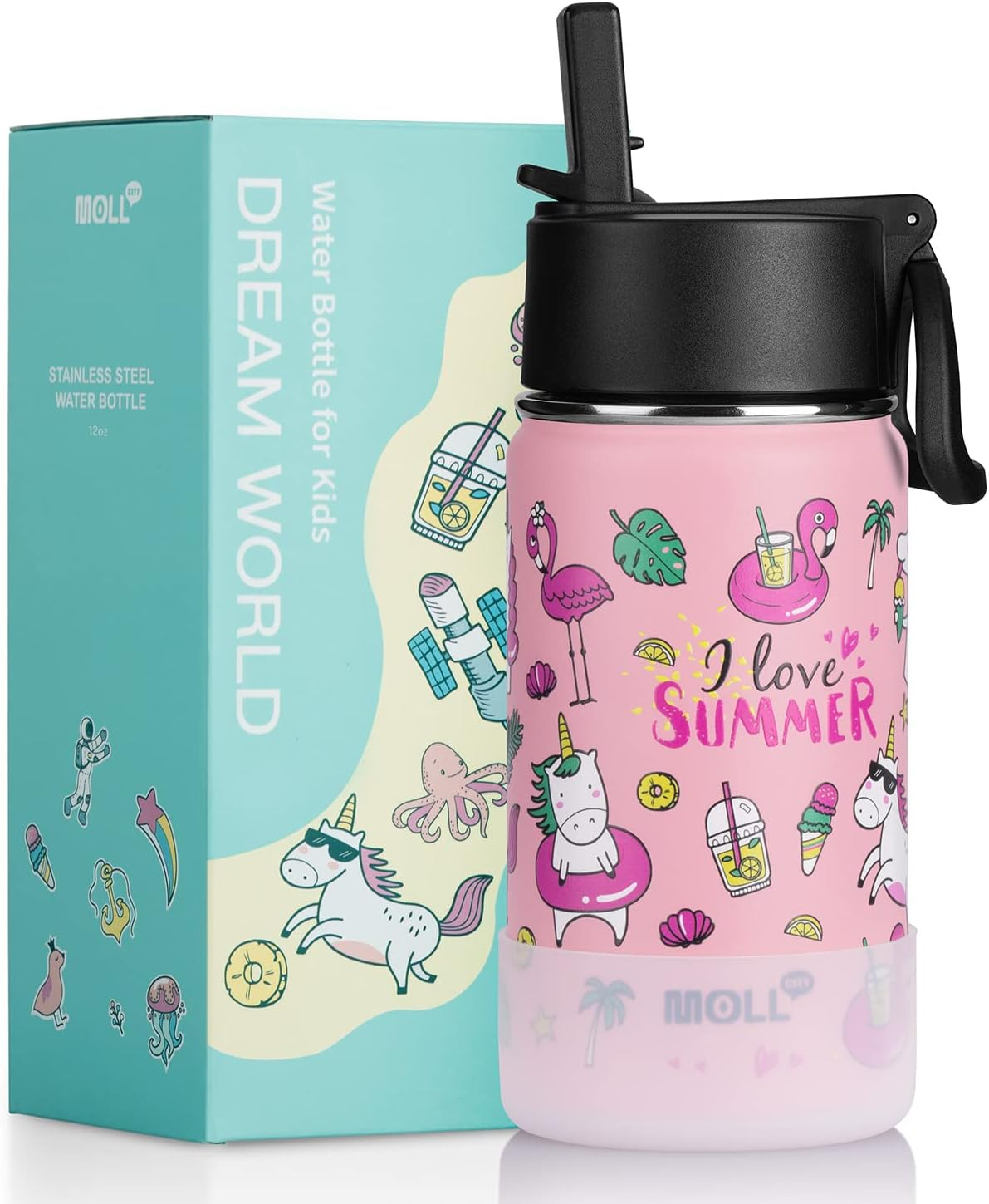 350ML Water Bottle with Straw Stainless Steel Double Wall Vacuum Insulated Water Bottle for Girls, Reusable Metal Water Flask BPA Free -Unicorn image number 3