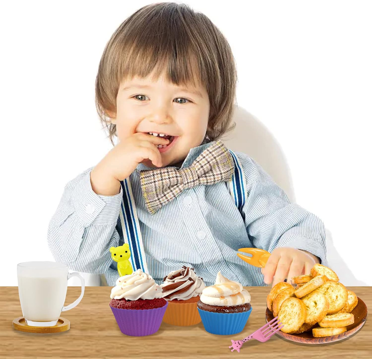 Wsmelon Silicone Lunch Box Dividers for Kids, 24 Pcs Bento Box Dividers with 10 Animal Food Picks, Bento Box Inserts, Cupcake Baking Cups, Muffin Pan Liners, Reusable and BPA Free image number 5