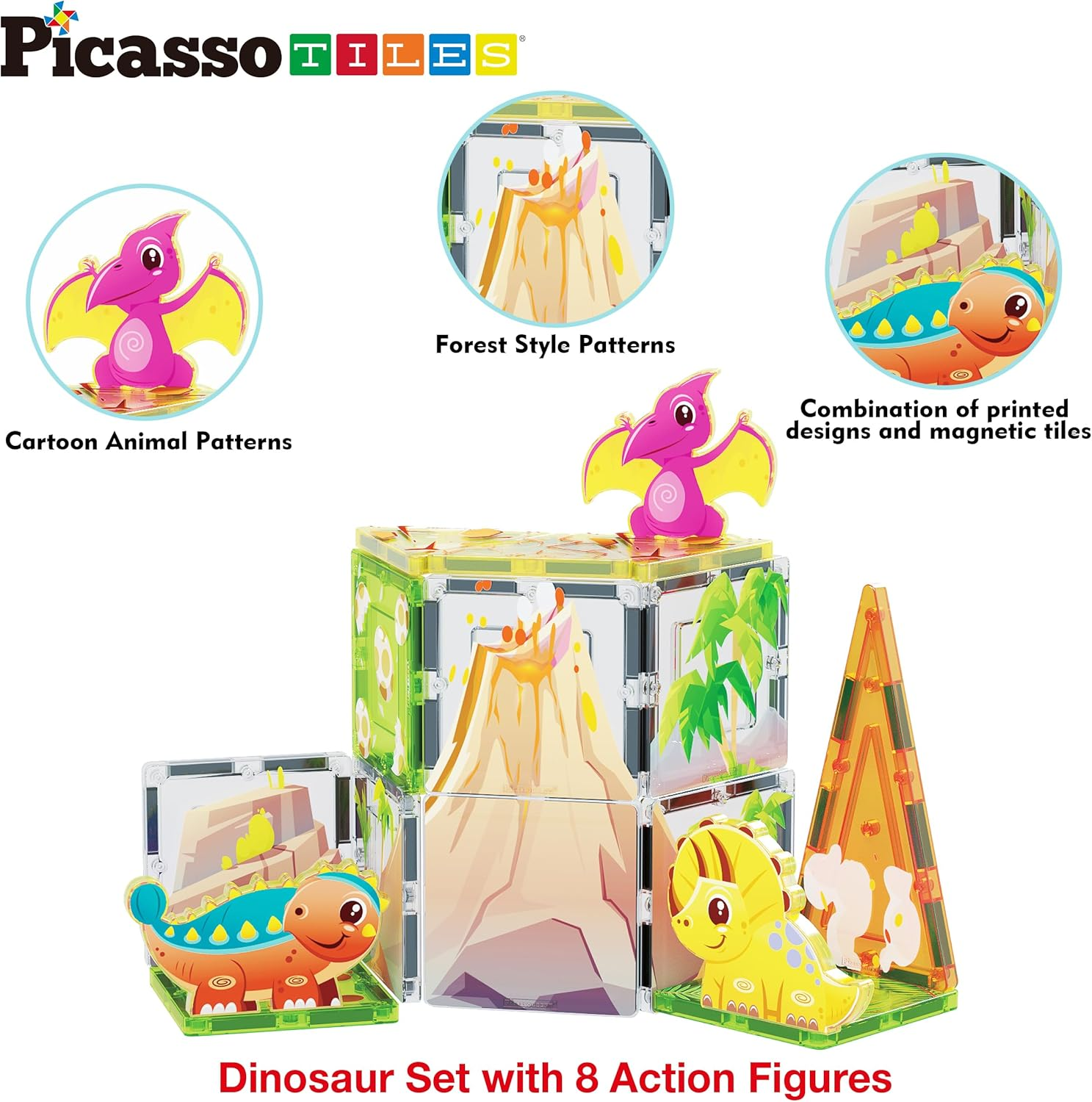 Picassotiles Magnet Tile Building Blocks Dinosaur World Themed Playset with 8 Animal Character Action Figures Magnetic Tiles STEM Learning Pretend Play Toy Construction Set Boys Girls Ages 3+ PTQ23 image number 4