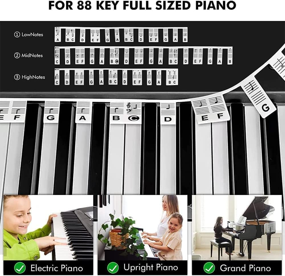 MMSZHL 2 Pcs Piano Keyboard Stickers, 61/88 Keys Full Size Silicone Piano Note Guide for Beginners, Removable & Reusable Piano Keyboard Stickers, No Glue Needed, Guide for Beginners (White) image number 1
