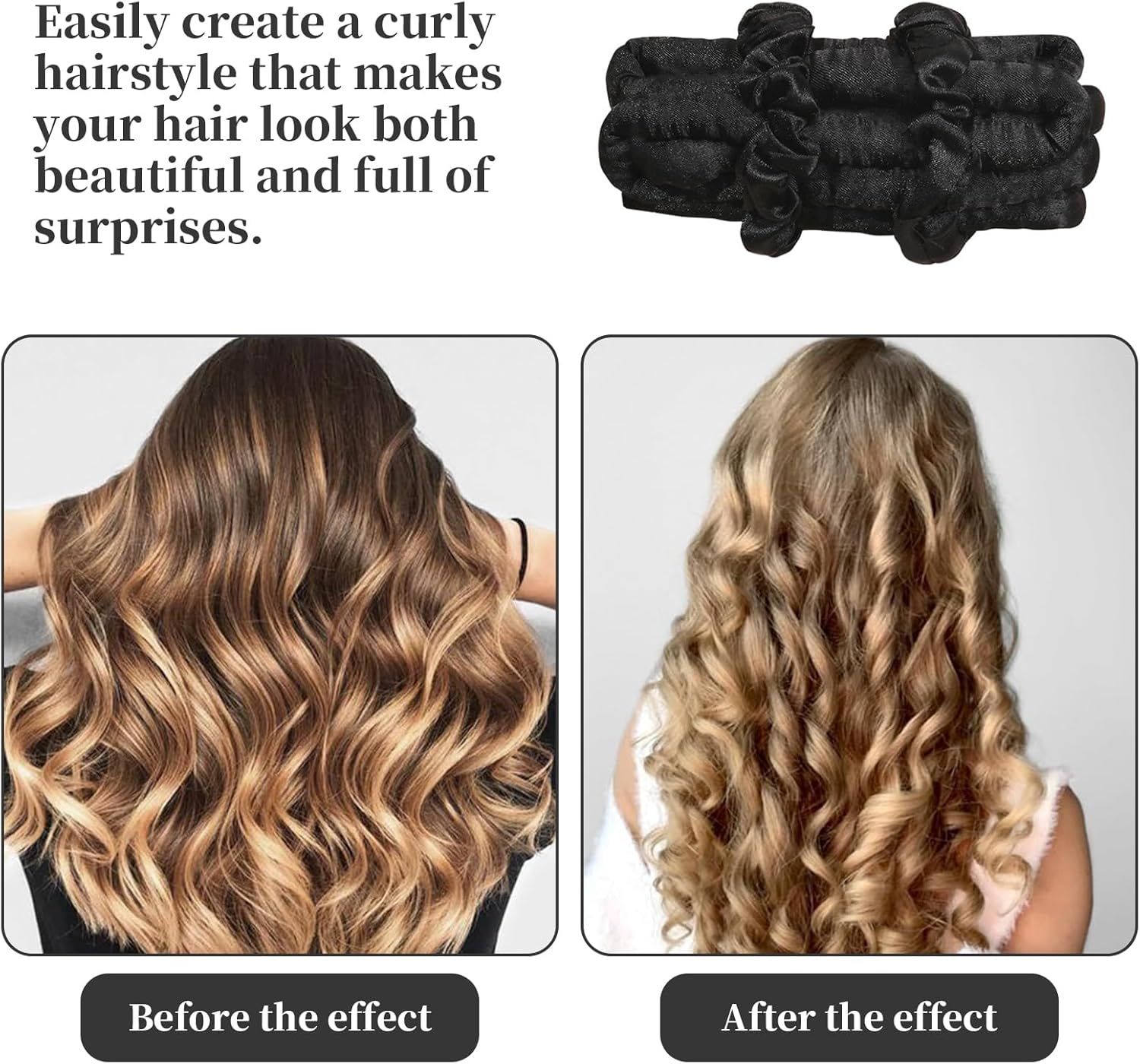 Heatless Curls Band, Heat-Free Curlers Black, Heatless Curling Rods Headband, with Silk Hood and Hairpin, Curls Headband for Long Hair, Short Hair, Black image number 2