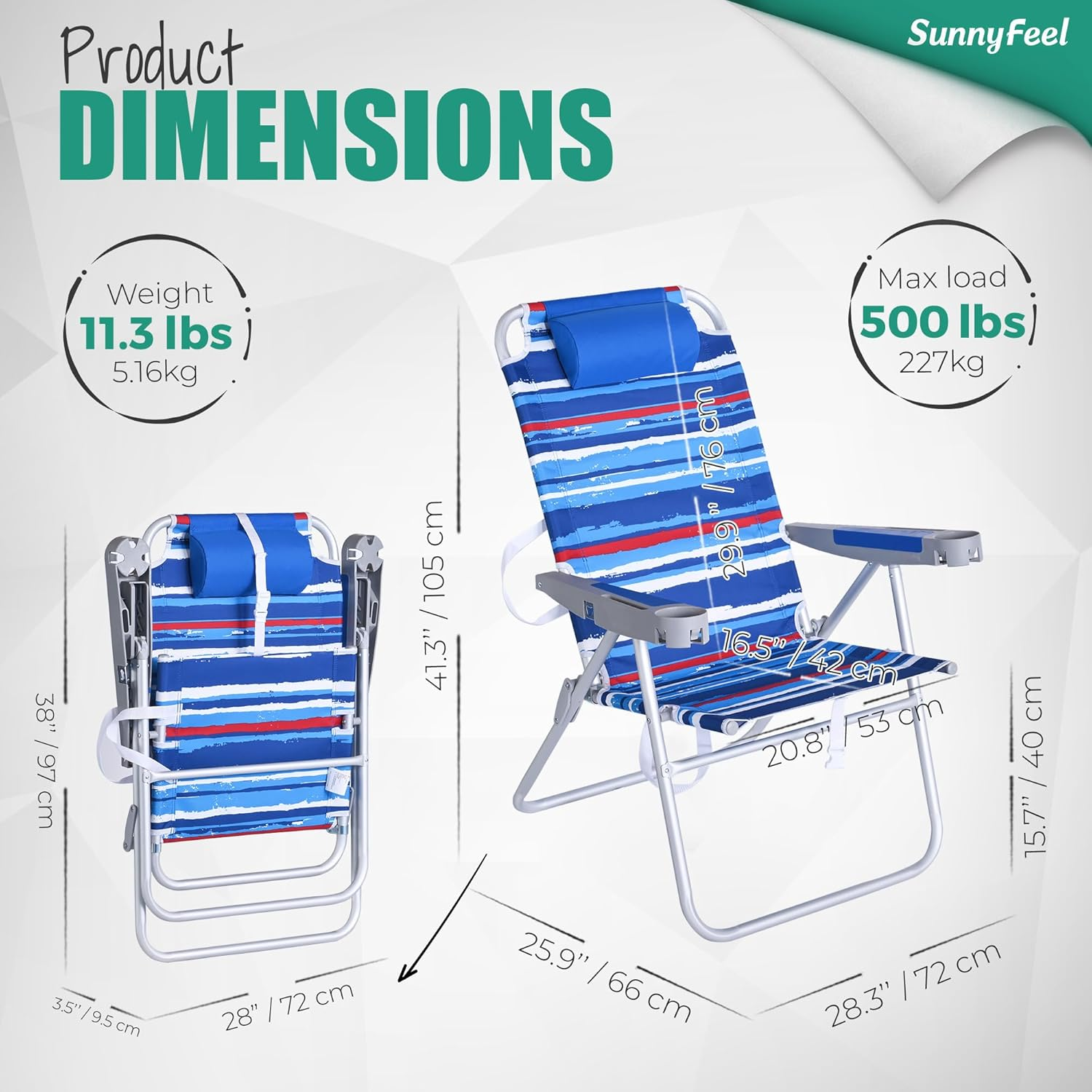 Sunnyfeel Folding Beach Chair 5-Postion Adjustable Reclining High Back Head Rest Aluminum Portable Lounge Chairs for Adults Outdoor (Darkblue Stripe)