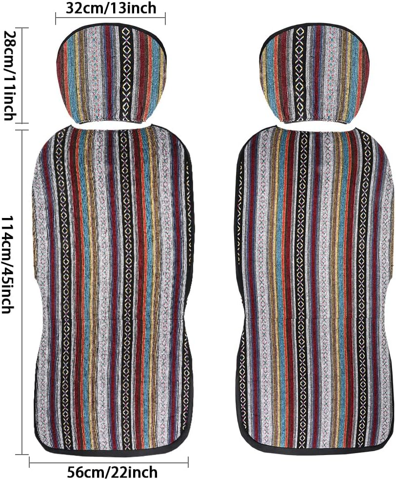 Car Seat Cover Baja Saddle Blanket 4PCS Front Striped Multicolor, Hippie Boho Seat Cover Universal Fit for Toyota, Honda, Nissan, Chevy, Rav4 Car Suvs Truck with Airbag Compatible - Multicolor image number 2