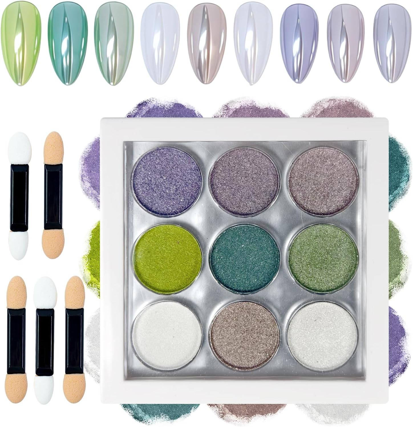 MKNZOME 9 Colors Chrome Nail Powder Palette, Black Gold Brown Silver Metallic Mirror Holographic Powder for Nails, Fine Glitter Nail Art Decoration for Home DIY Salon Manicure Pigment, D