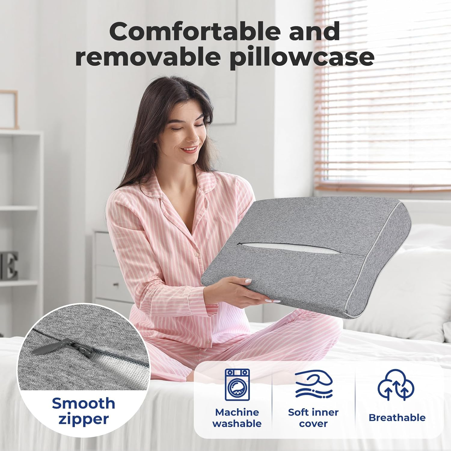 Dreamz 2 Pack Cervical Memory Foam Pillow for Neck Pain Relief &ndash; Ergonomic Contour Pillow with Dual Height Support (8Cm/11Cm),Orthopedic Bed Pillow for Side,Back & Stomach Sleepers - 60X35Cm （Gray） image number 6
