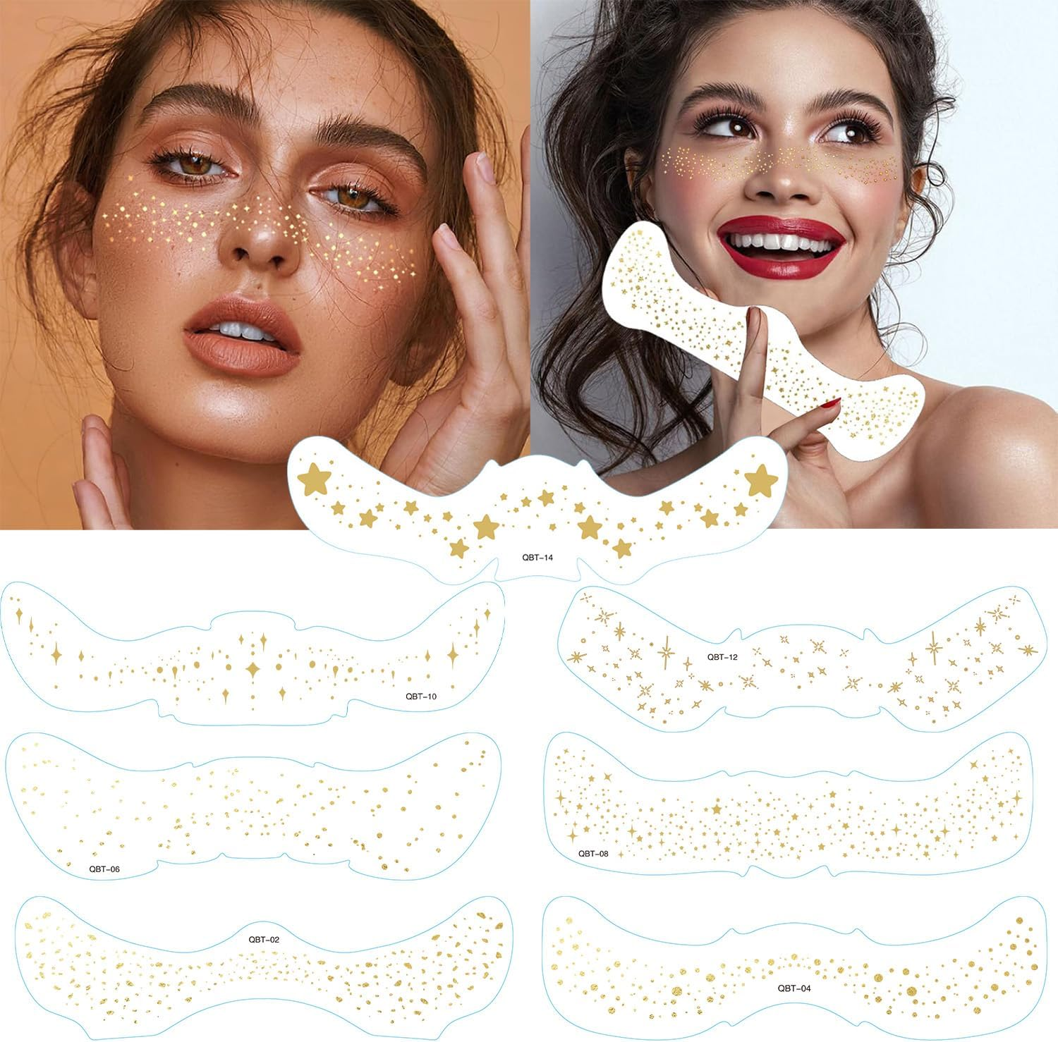 Glitter Freckle Face Tattoos, 7 Sheets Different Style Gold Sparkle Freckles Makeup Patches.Face Shinning Glow up Temporary Tattoos Birthday Part Friends Gift and Music Personal Decorations for Women and Girls (Stars)