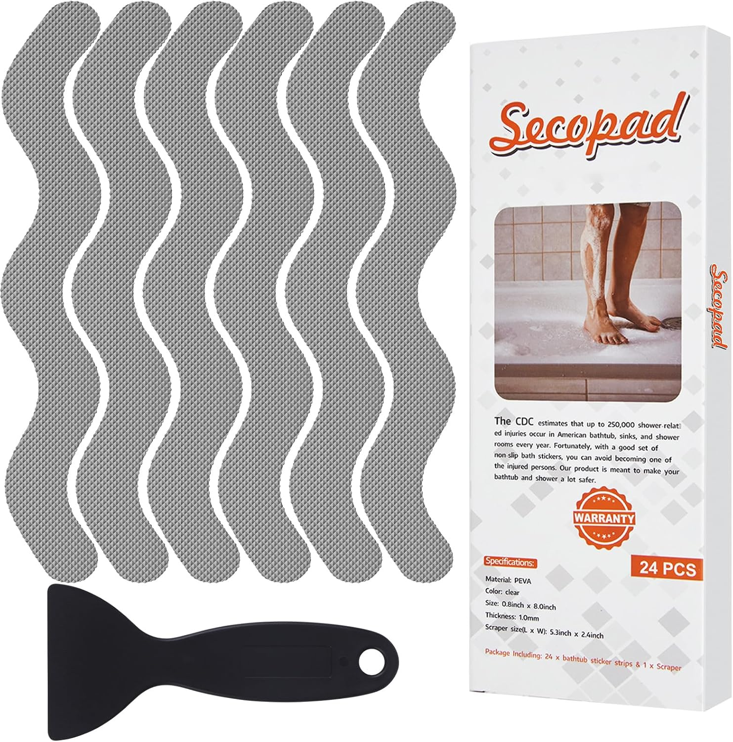 Patented anti Slip Shower Stickers 24 PCS Safety Bathtub Strips Adhesive Decals with Premium Scraper for Bath Tub Shower Stairs