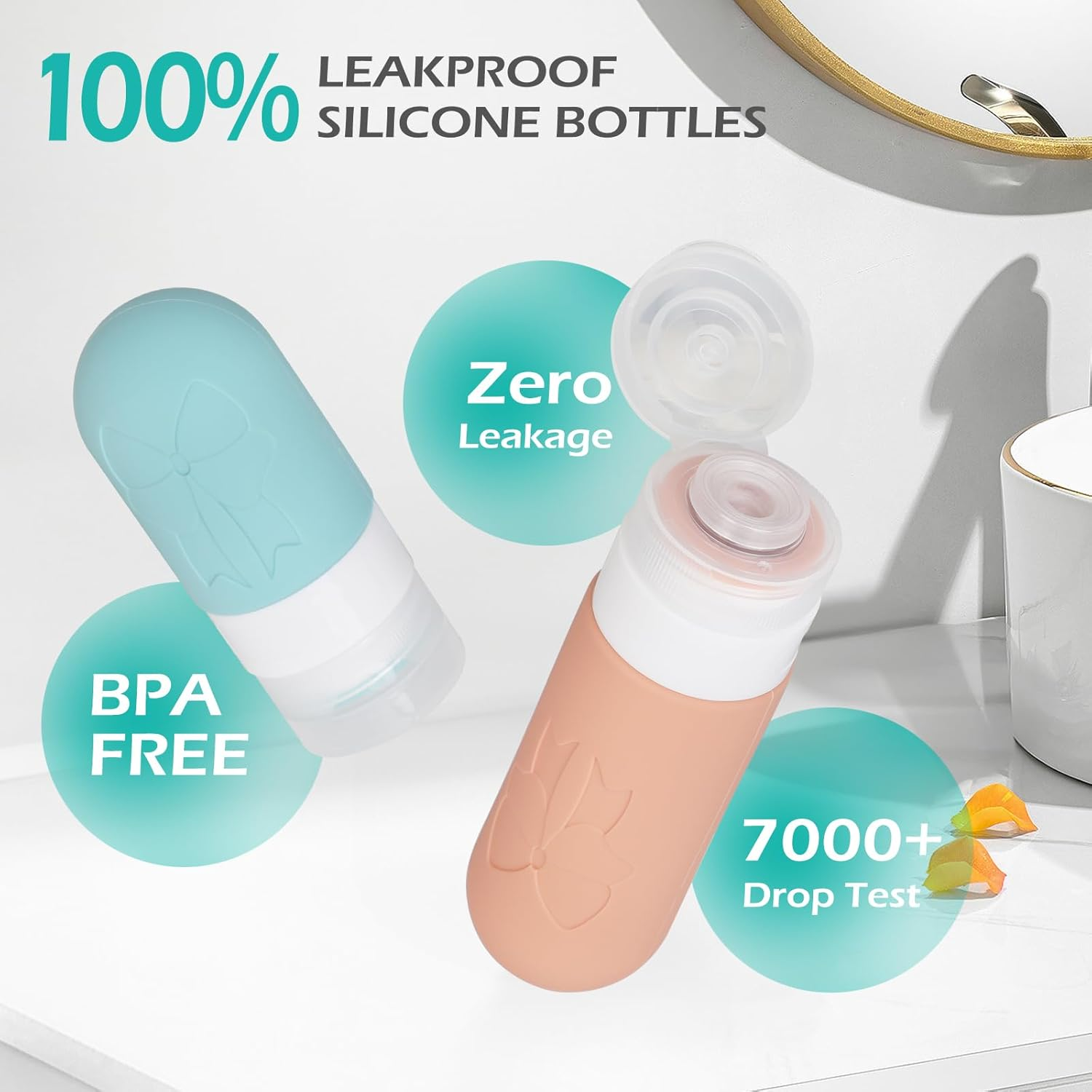 16Pcs Travel Bottles Set, Geeric Silicone Refillable Toiletry Bottle with Funnel,60/90Ml TSA Approved Leak-Proof Small Cream Can Spray Bottle for Shampoo, Lotion,Cream+Waterproof Bag image number 3