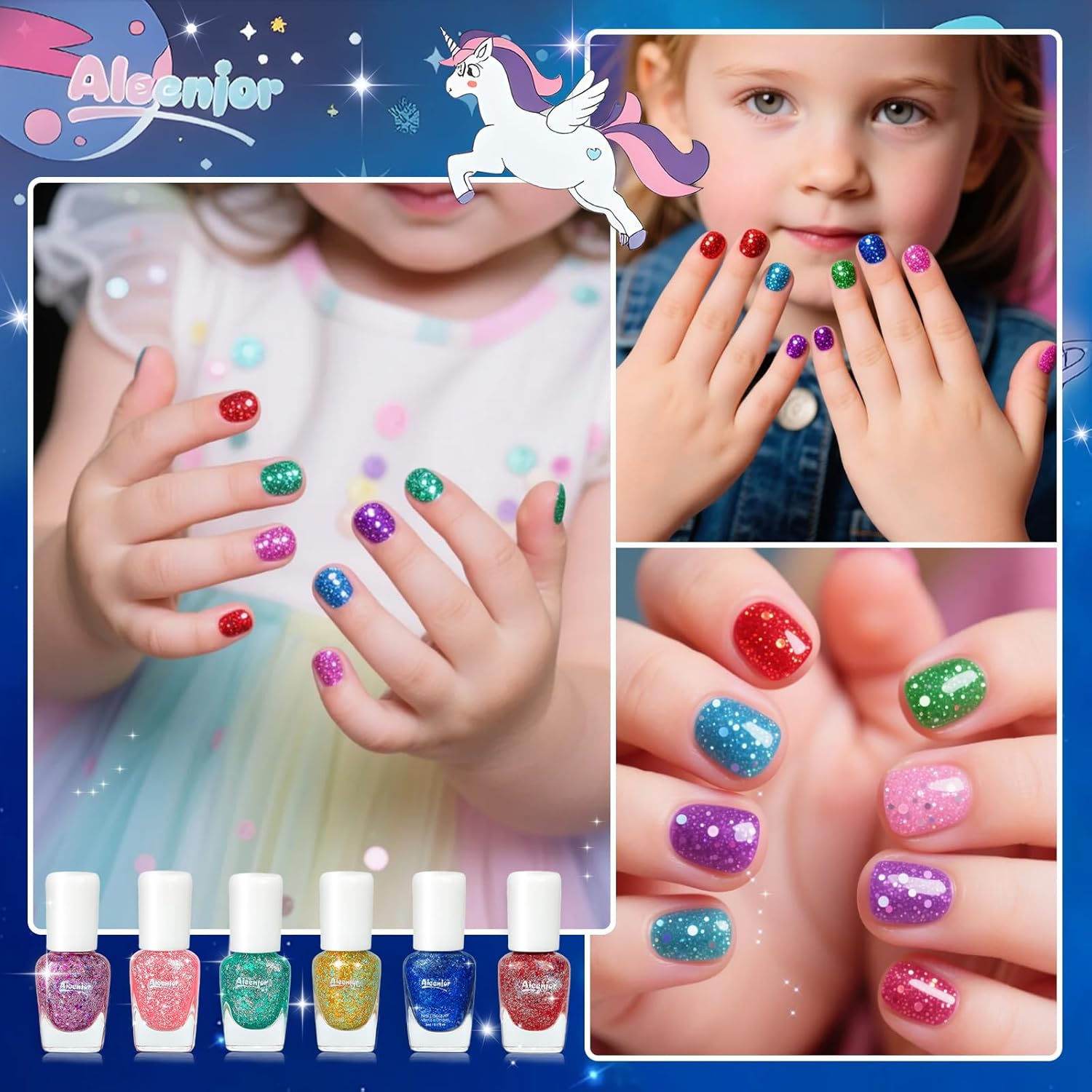 Aieenjor Quick Dry Kids Nail Polish Set, Glitter Non-Toxic Fingernail Polish for Toddler, Water-Based Peelable Nail Polish for Kids, 6 Color Rainbow for Kid Ages 3+ image number 5