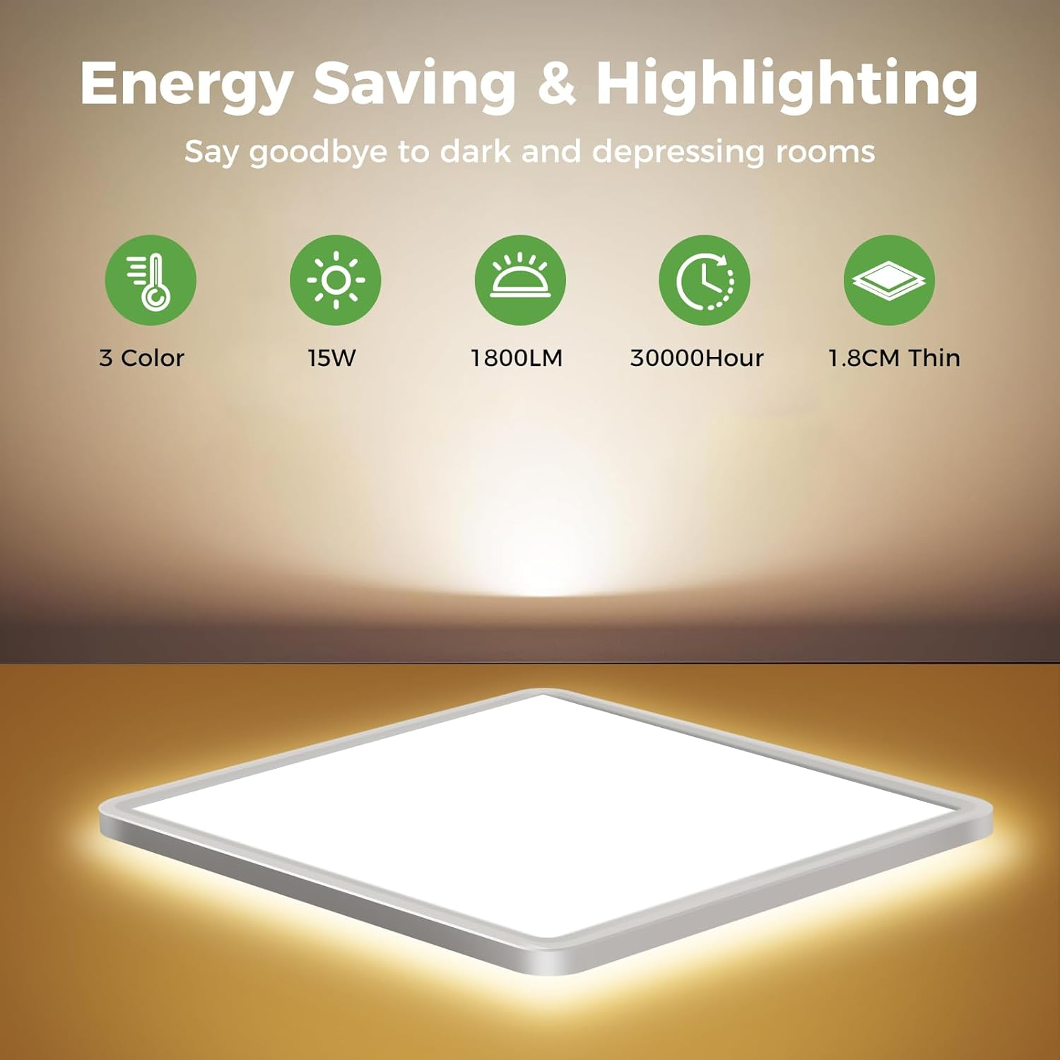 Zemty Square LED Ceiling Light, 3 Colours (3000K/4000K/6500K) Ceiling Light, 1800LM IP44 Waterproof Bathroom Ceiling Light for Office, Kitchen, Bedroom, Hallway, Balcony, Garage, 18 Cm