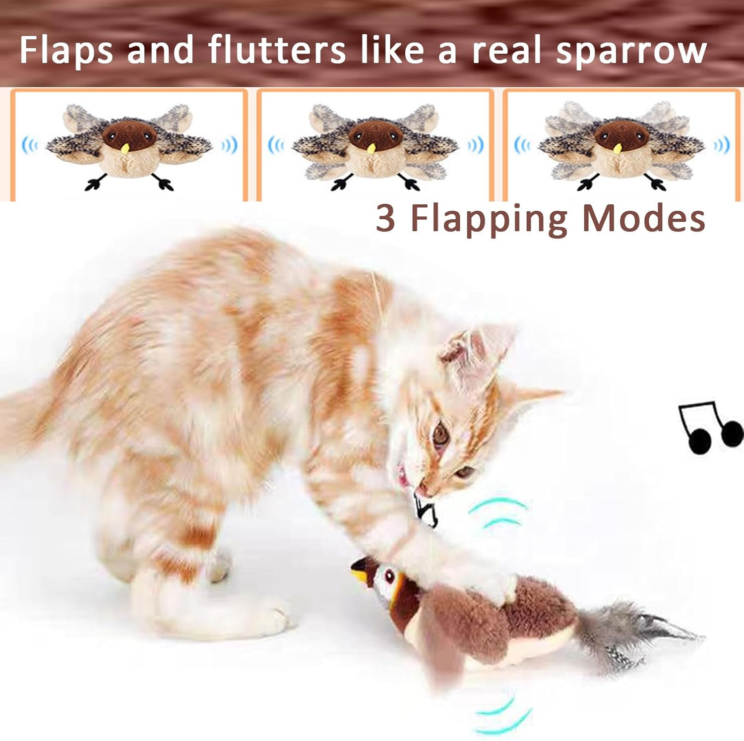 Cat Toys Rechargeable Flapping Bird Sparrow, Lifelike Chirp Tweet, Touch Activated Kitten Toy Interactive Cat Exercise Toys for All Breeds Cat Kicker Catnip Toy (Wings Flapping/Move,Chirp) image number 2