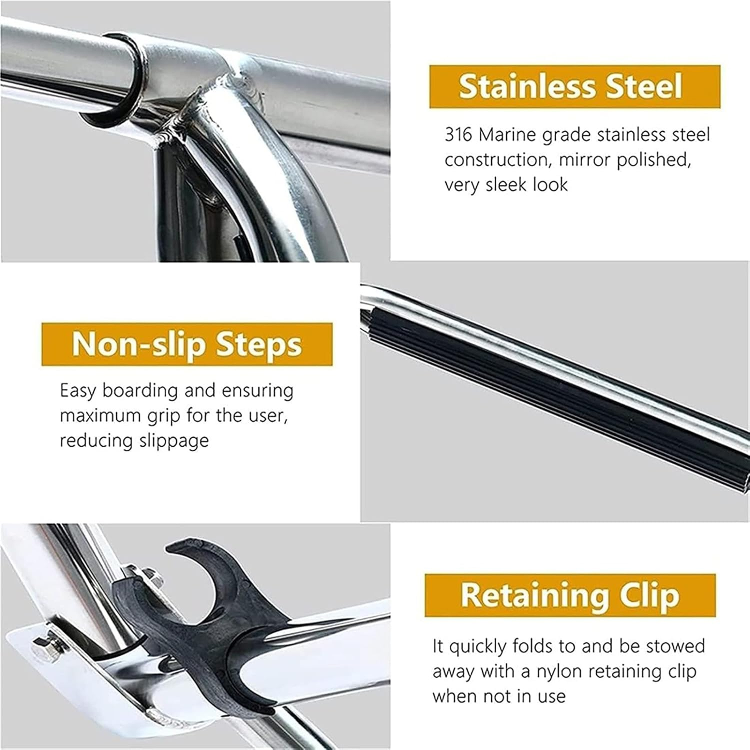 Stainless Steel Pool Ladder,Boat Pool Ladder 4 Steps Bathing for Swimming/Deck Boat,Folding Dock Boat Ladders 4 Step,Stainless Steel Pool Ladder with Wide Step & Handle image number 2