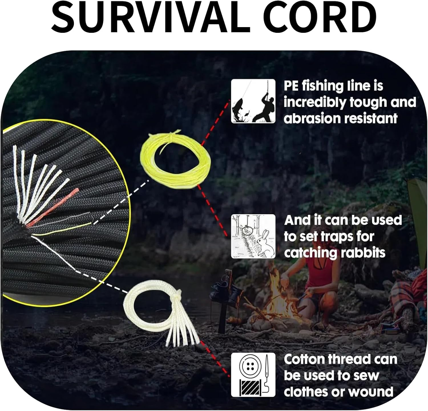 100FT Survival Paracord 550 Fire Paracord Survivor Cord Nlyon Rope 10 Strands US Military Type III 550 Parachute Cord with Integrated Fishing Line, Fire-Starter Tinder 4 in 1 image number 6