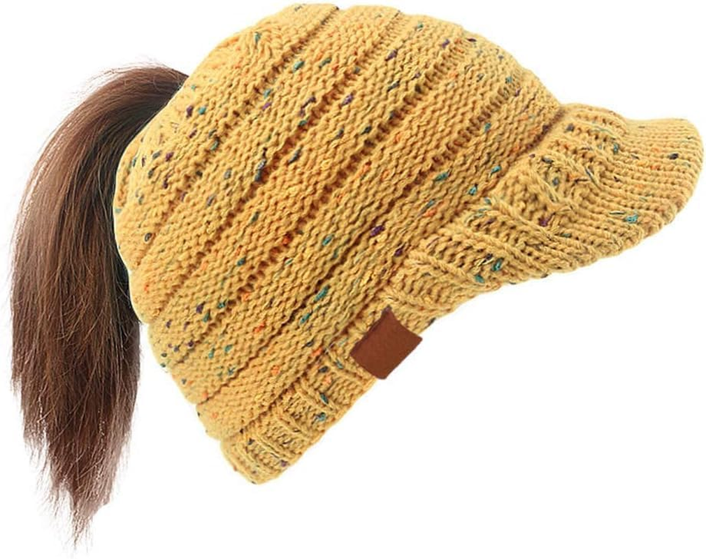 TOZLU Women'S Warm Chunky Cable Knit Messy Bun Hat Ponytail Visor Beanie Cap - Army Green image number 4