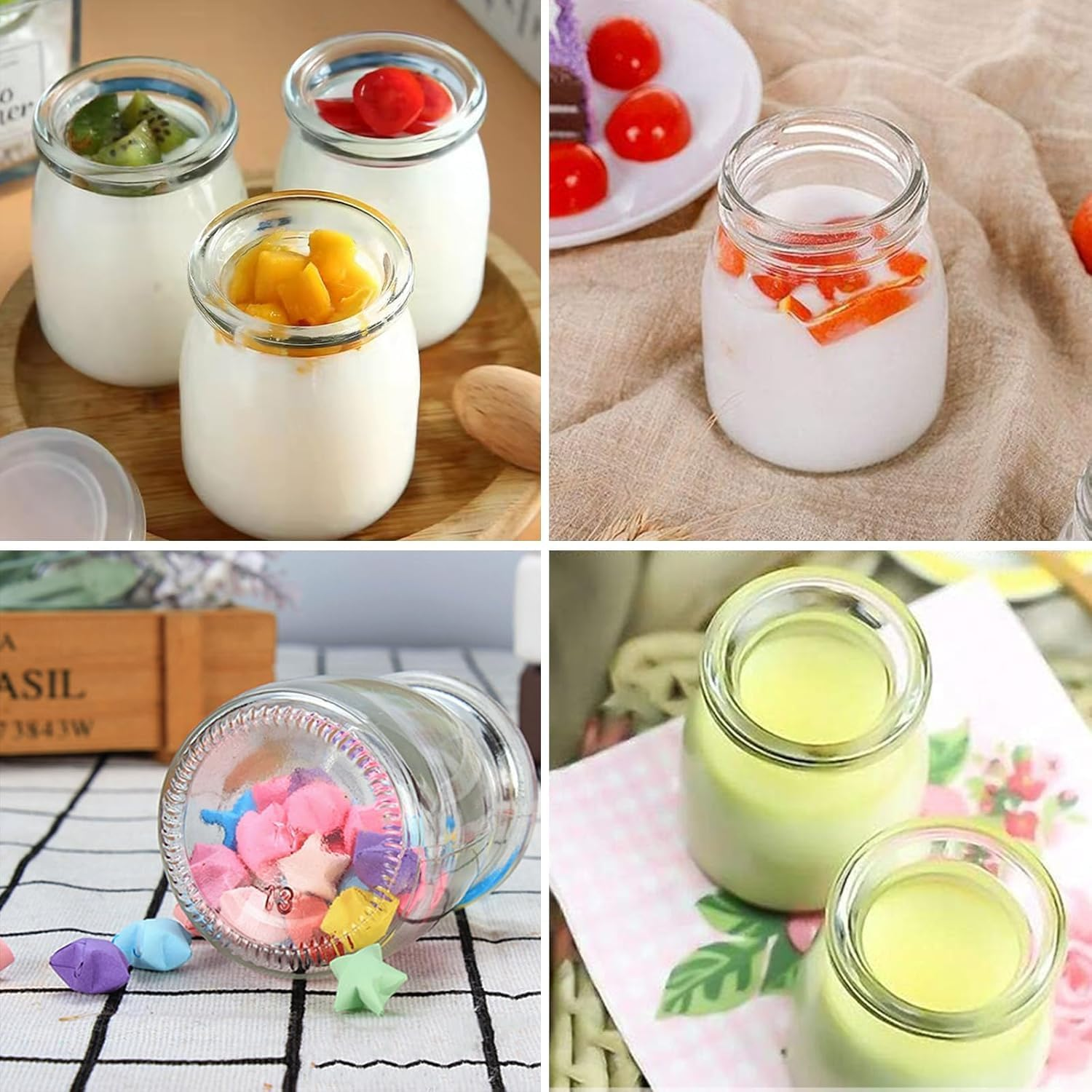 24 Pack Mini Yogurt Jars with Cork Lids, 4 Oz/120Ml Glass Favor Jars, Mini Pudding Jar, Mason Candle Bath Salt Jar, Wedding Favors Honey Pot, Extra Twine, Labels and Cleaning Brush