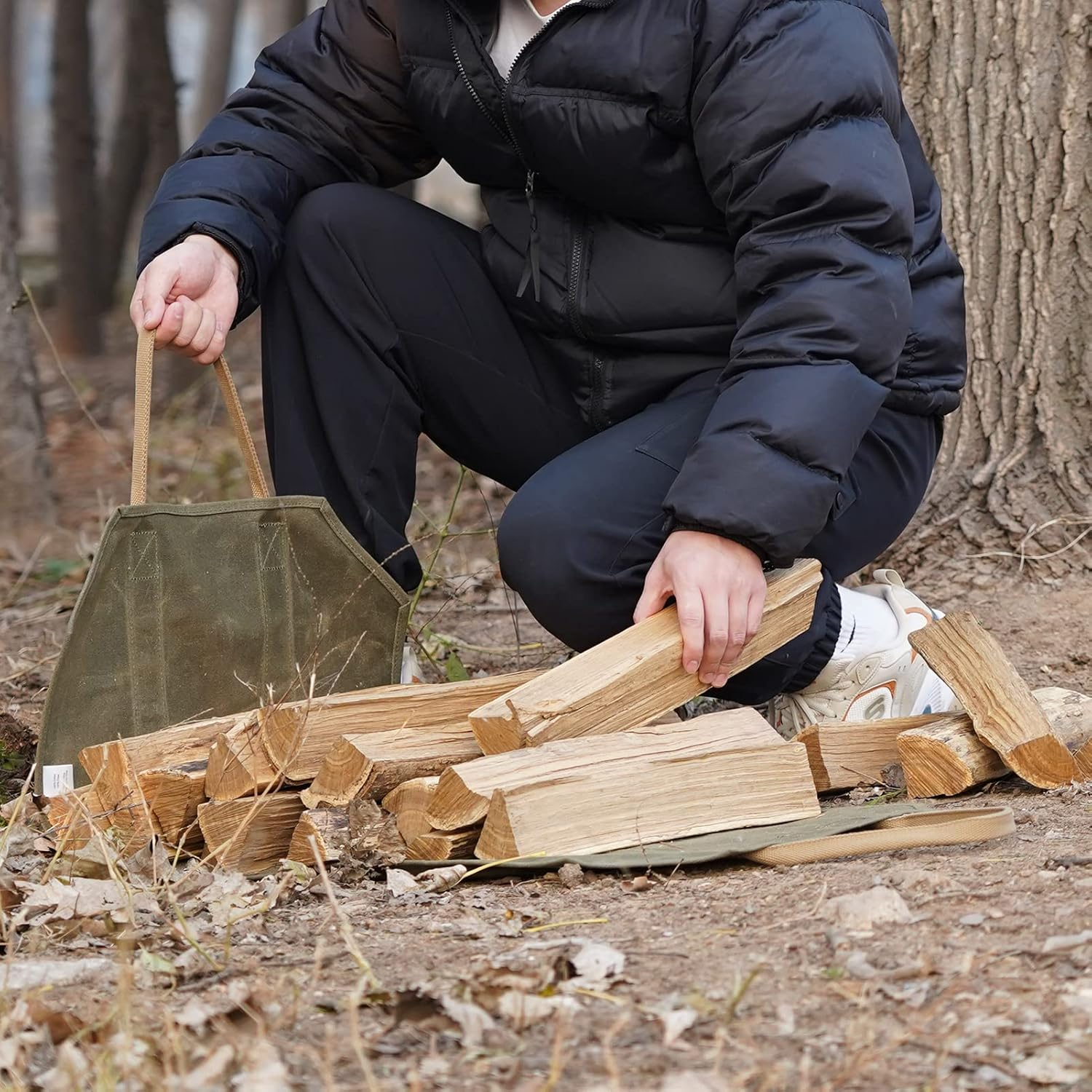 Sturdy Waxed Canvas Firewood Log Carrier, Durable Firepalce Wood Bag with Reinforce Duty Straps Green - Brown image number 3