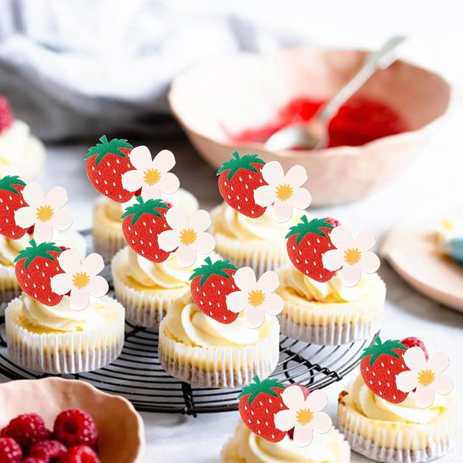 SYKYCTCY 60 Pack Edible Strawberry Cupcake Toppers Strawberry Flower Birthday Cake Decorations Edible Berry Bridal Engagement Cupcake Picks for Baby Shower Wedding Anniversary Party Supplies (#1) image number 6