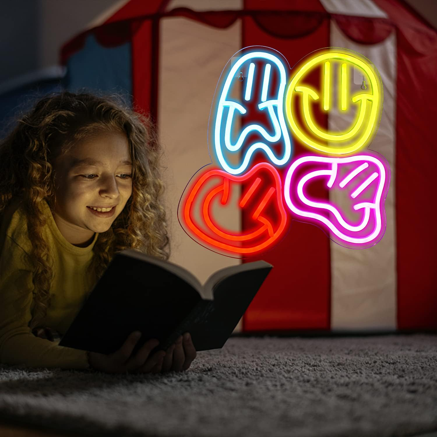 Smiley Faces Neon Sign Led Colorful Distorted Happy Faces Neon Light Signs for Wall Decor Usb Light up Signs for Kids Bedroom Preppy Room Decor Party Decoration Valentine'S Day Gifts