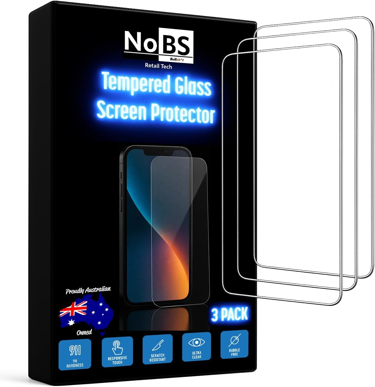 Nobs - Iphone XR/11 Tempered Glass Screen Protector, Australian Owned, 3 Pack, 9H Hardness Rating, Clear, Impact Resistant, Case Friendly, Bubble Free, Cleaning Kit Included image number 1