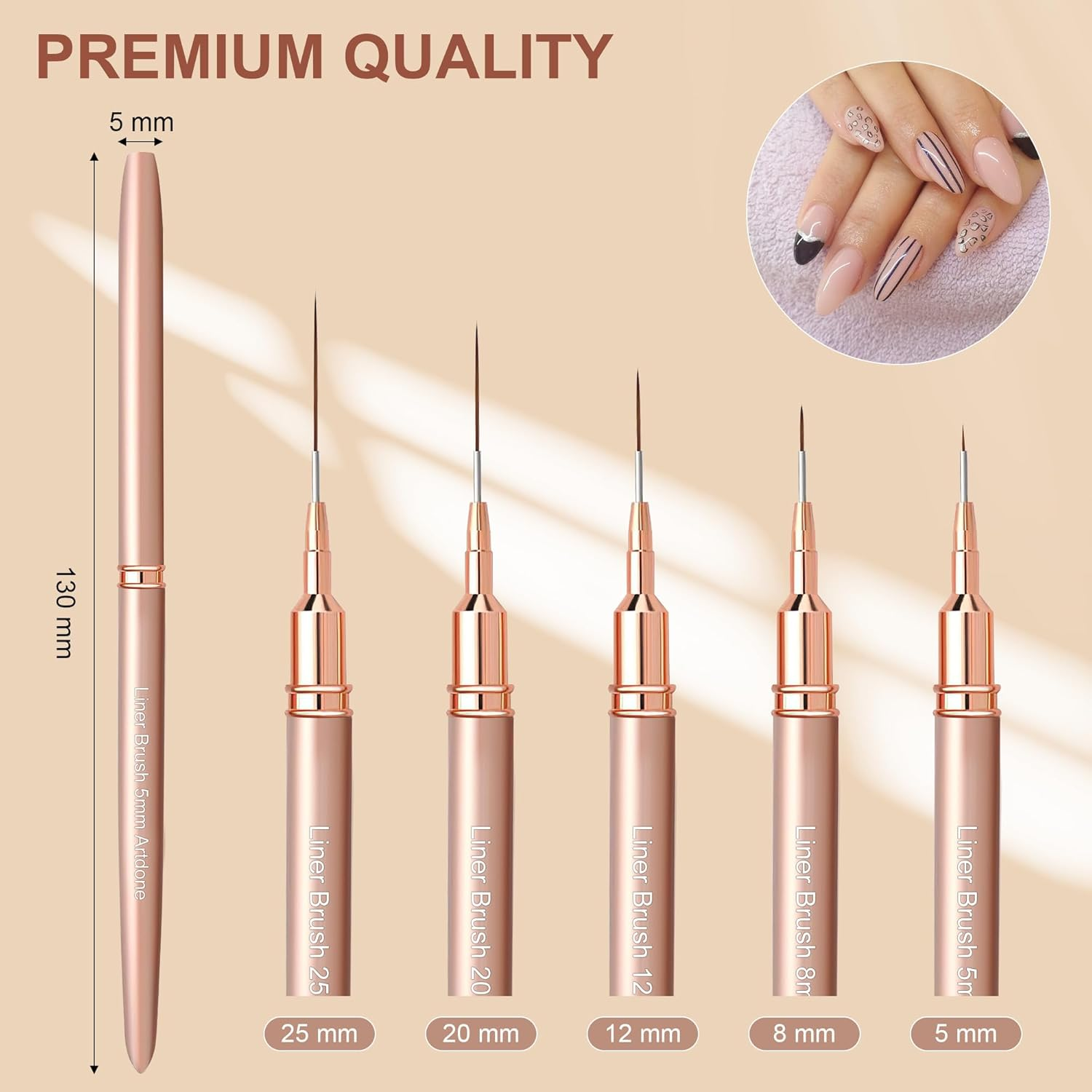 Artdone Metallic Nail Art Pens, Liner Brushes Set, 5PCS Copper Color Nail Tools for Long Lines, Thin Details, Fine Drawing, Liner Brush UV Gel Polish Painting Nail Design Sizes 5/8/12/20/25Mm image number 6