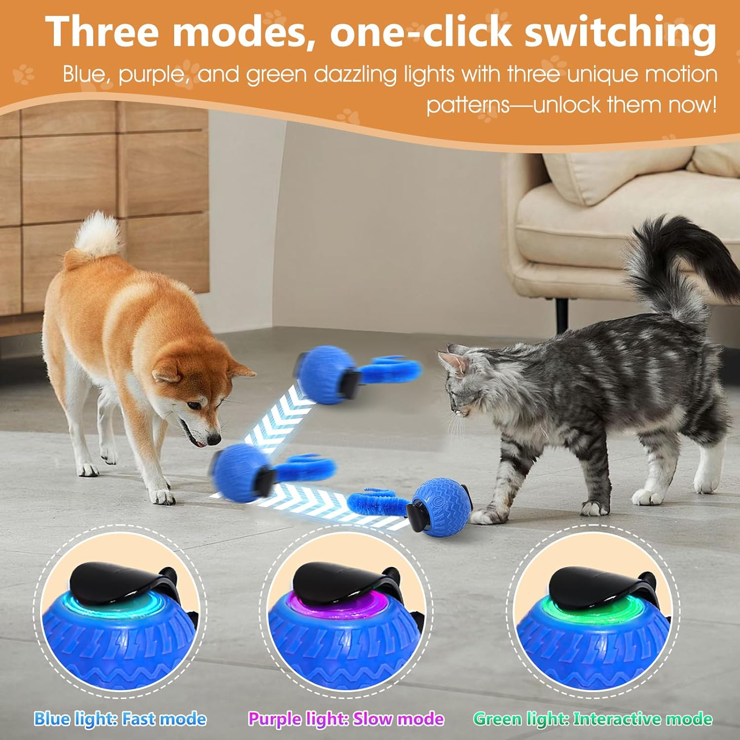2Pcs Interactive Cat Toy for Indoor Cats, Speedy Ball with Tail, Automatic Moving Cat Balls for Bored Indoor Adult Cats, 360&deg;Automatic Rolling Ball Toy, Two Speed Adjustment（Orange&Blue） image number 5