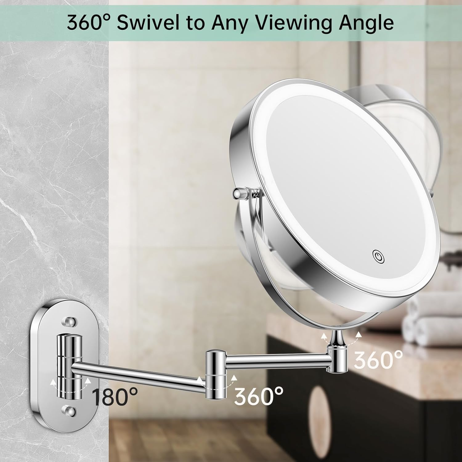 FUNTOUCH Rechargeable Cosmetic Mirror with Lighting, 1 X 20X Mirror Magnification Wall Mounting, Dimmable Shaving Mirror 3 Colours, Touch Screen, 360&deg; Rotatable, Makeup Mirror for Bathroom - Gunblack image number 2
