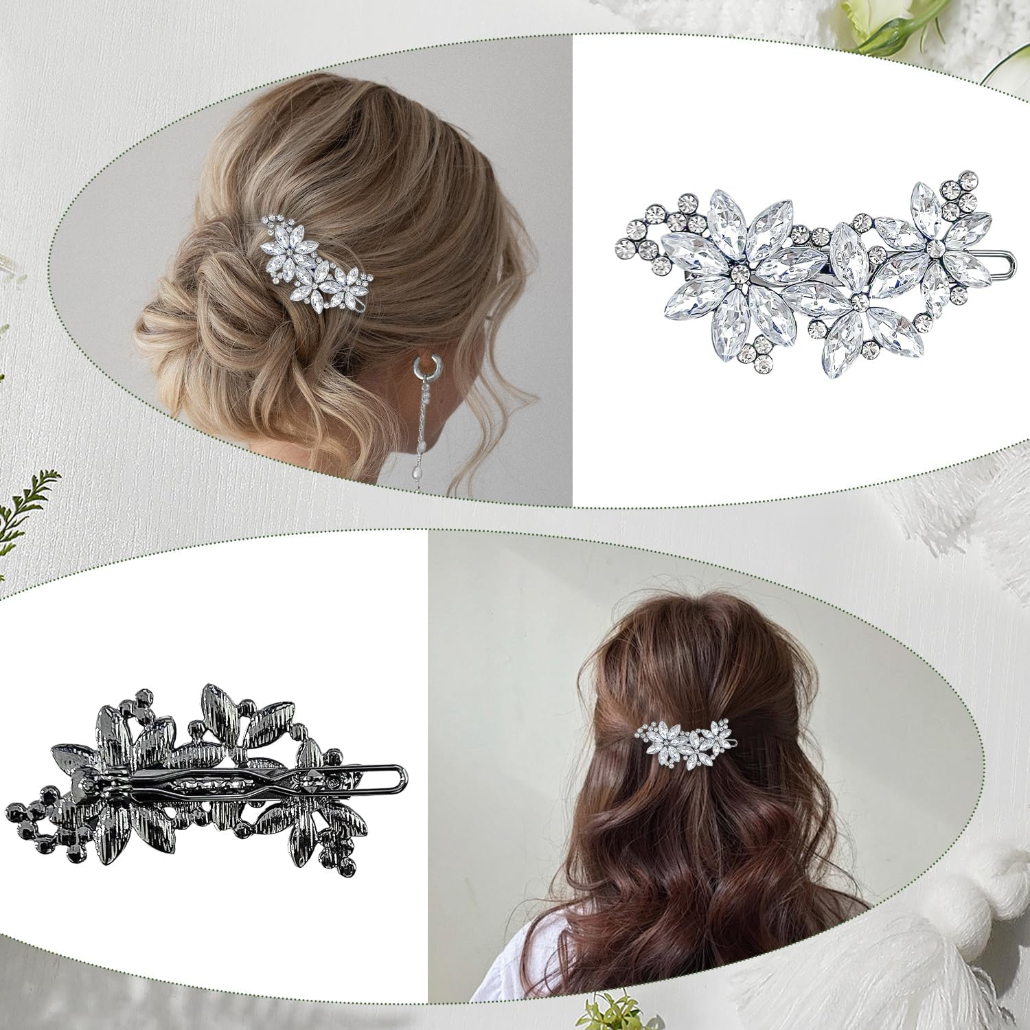 2 Pieces Rhinestone Hair Clips for Women | Wedding Hair Accessories for Women | Elegant Silver Bridal Hair Clips Sparkly Hair Clips for Bride Wedding Party Prom Gift image number 6