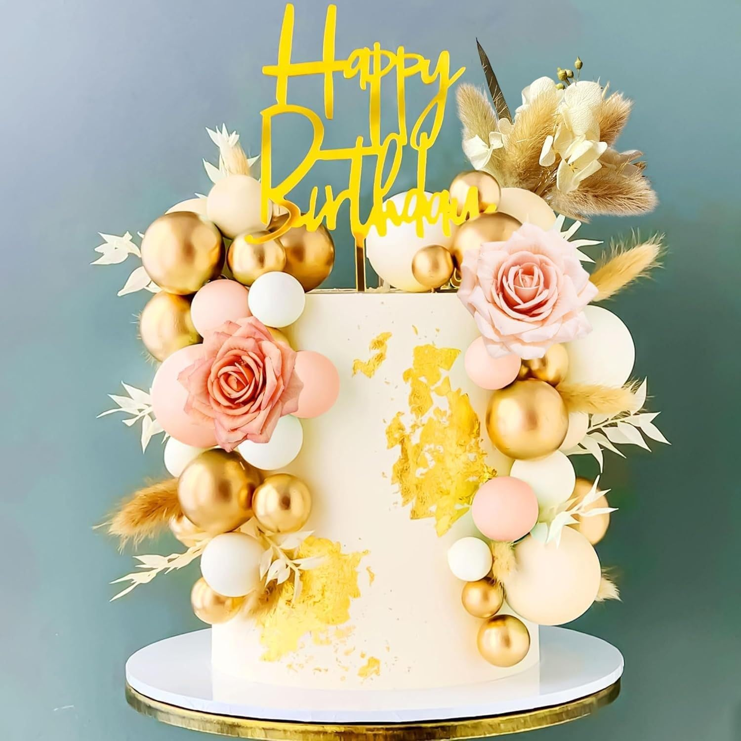 18Pcs Boho Flower Cake Topper Artificial Flower Foam Ball Cake Topper Decoration for Mother Women Girls Birthday Cake Decorations
