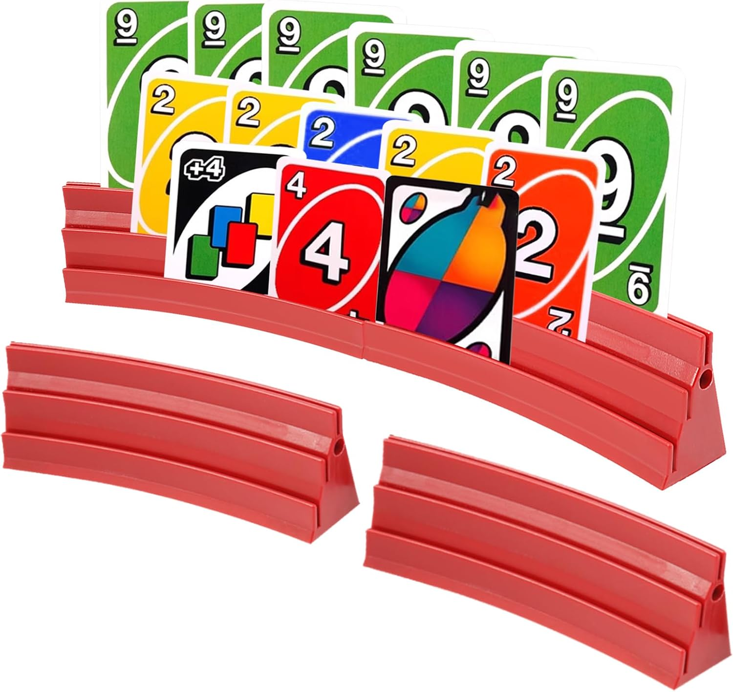 4 Pack Card Holders for Playing Cards, 3-Layer Space Saving Card Game Holders, Large Capacity Playing Cards Rack Holder, Poker Tray Organizer for Adults Seniors Kids (Red)