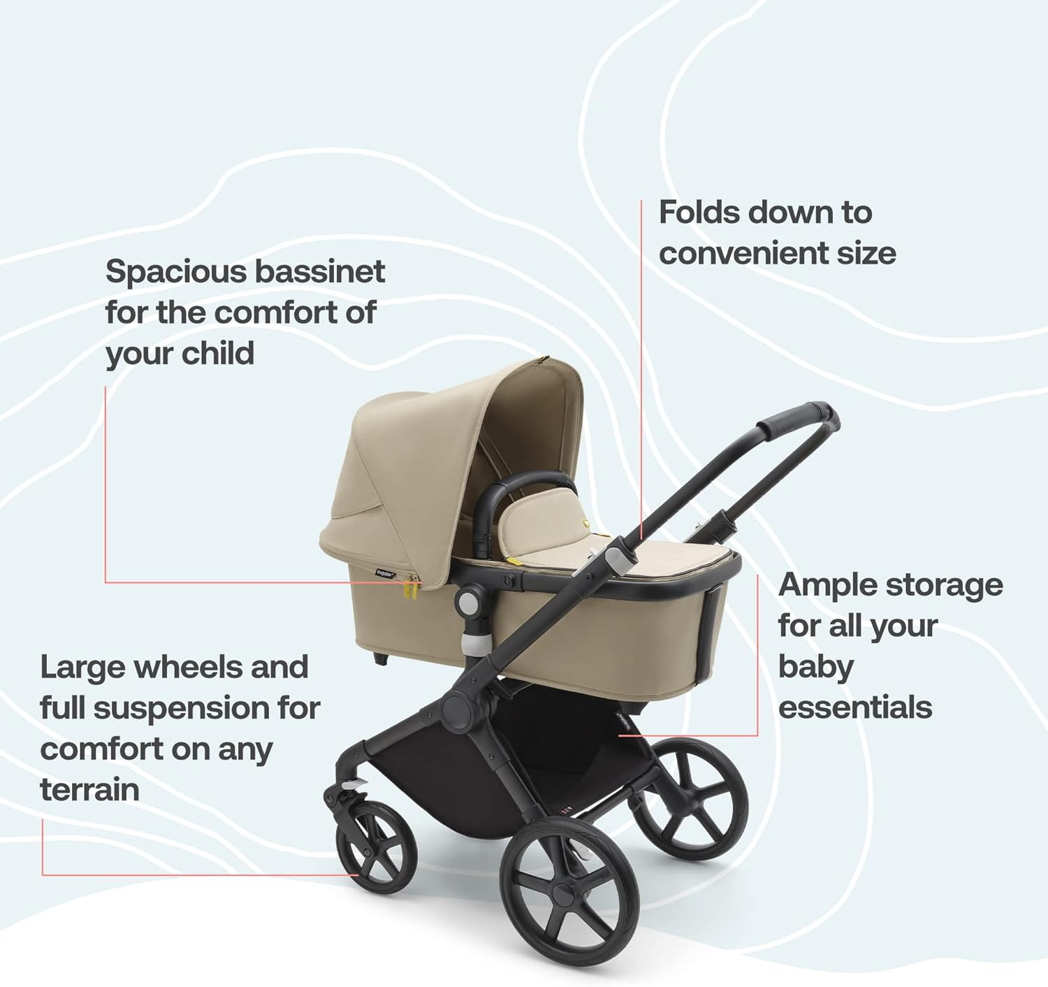 Bugaboo Fox Cub All-Terrain Stroller, Lightweight and Strong Pram and Baby Pushchair, Durable Design and Extra-Large Sun Canopy, One-Piece Self-Standing Fold, Desert Beige image number 2