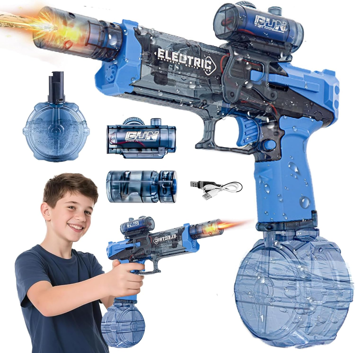 Wakouter Electric Water Gun for Adults Kids, Long Range Automatic Squirt Watergun, with Realistic Guns Muzzle Flame Rechargeable Automatic Watergun Swimming Toys for Summer Pool Beach Party (Black)