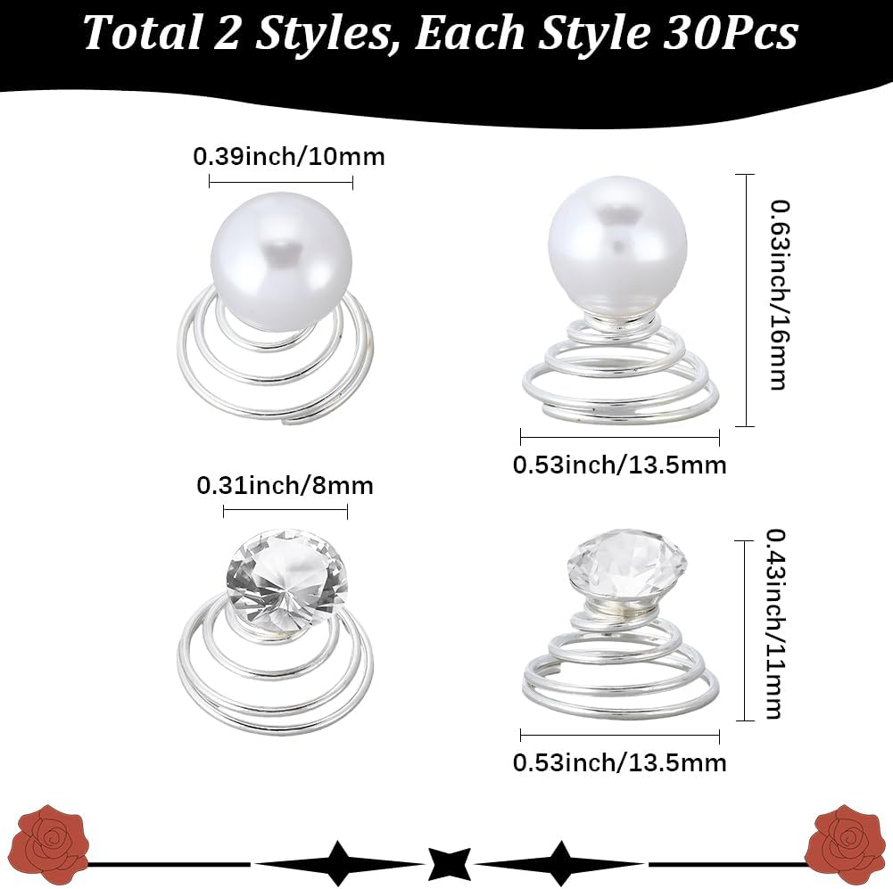 SOFPLATE 60Pcs 2 Styles Pearl Spiral Hair Pins Rhinestone Twister Hair Studs Bulk Faux Diamond Glitter Gems round Spring Stick Pin Jewellery for Wedding Bridal Prom Valentine Day Party Favor Adults image number 5