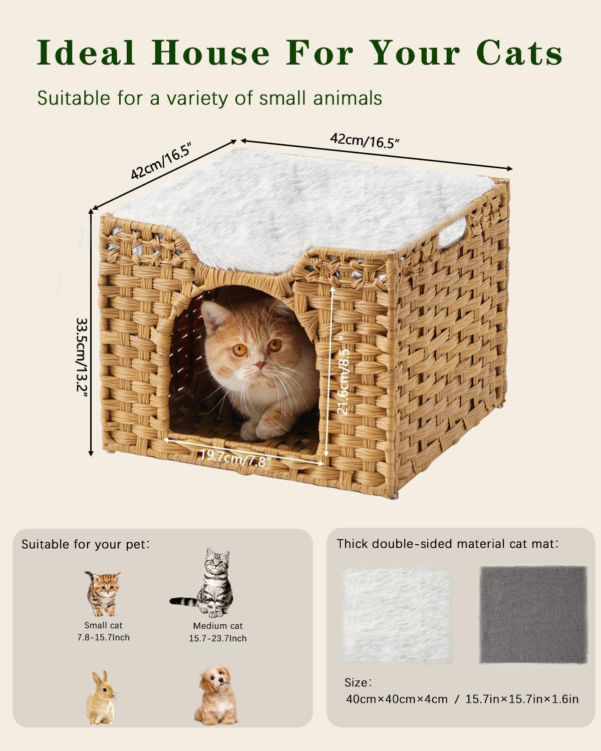Homodoskey Cat Beds for Indoor Cats, Large Foldable Handwoven Rattan Cat Cave for Pet Cat House, Cute Kitten Condo Hideaway Hut with Soft Mat for Pets image number 3