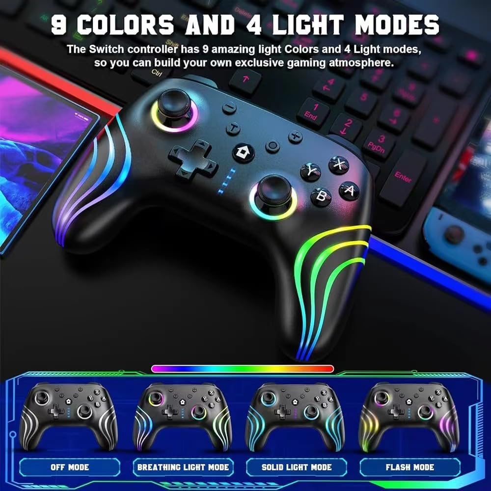Wireless Switch Pro Controller with Hall Triggers, PC Pro Controllers for Nintendo Switch/Lite/Oled/Pc/Android/Ios/Steam with 9-Cool RGB Leds, 6-Axis Gyro Sensor Wake-Up Vibration Turbo - Black image number 3