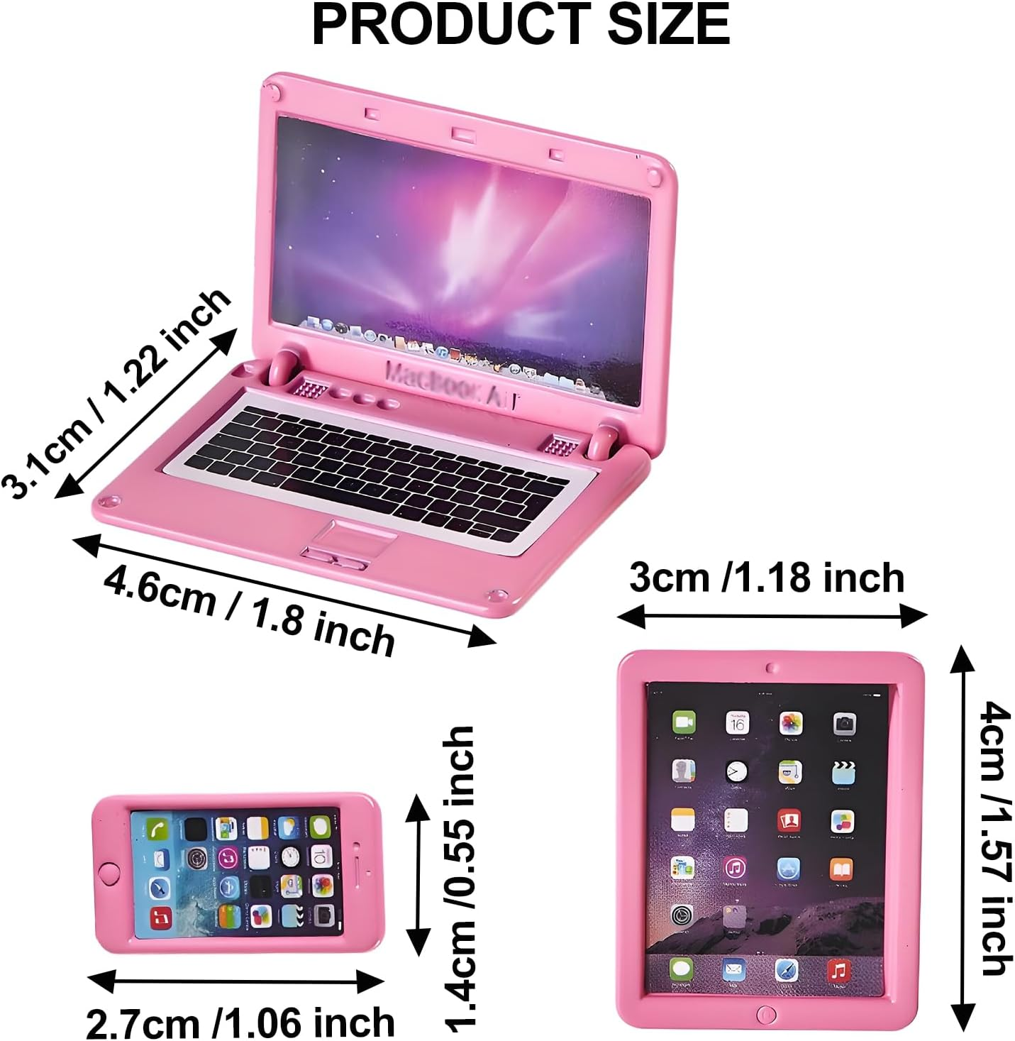 3 Pcs Dollhouse Furniture Accessories Miniature, 1:12 Scale Simulation Metal Laptop Tablet Smart Phone Stuff Doll House Mini Play Set Accessories (Pink)