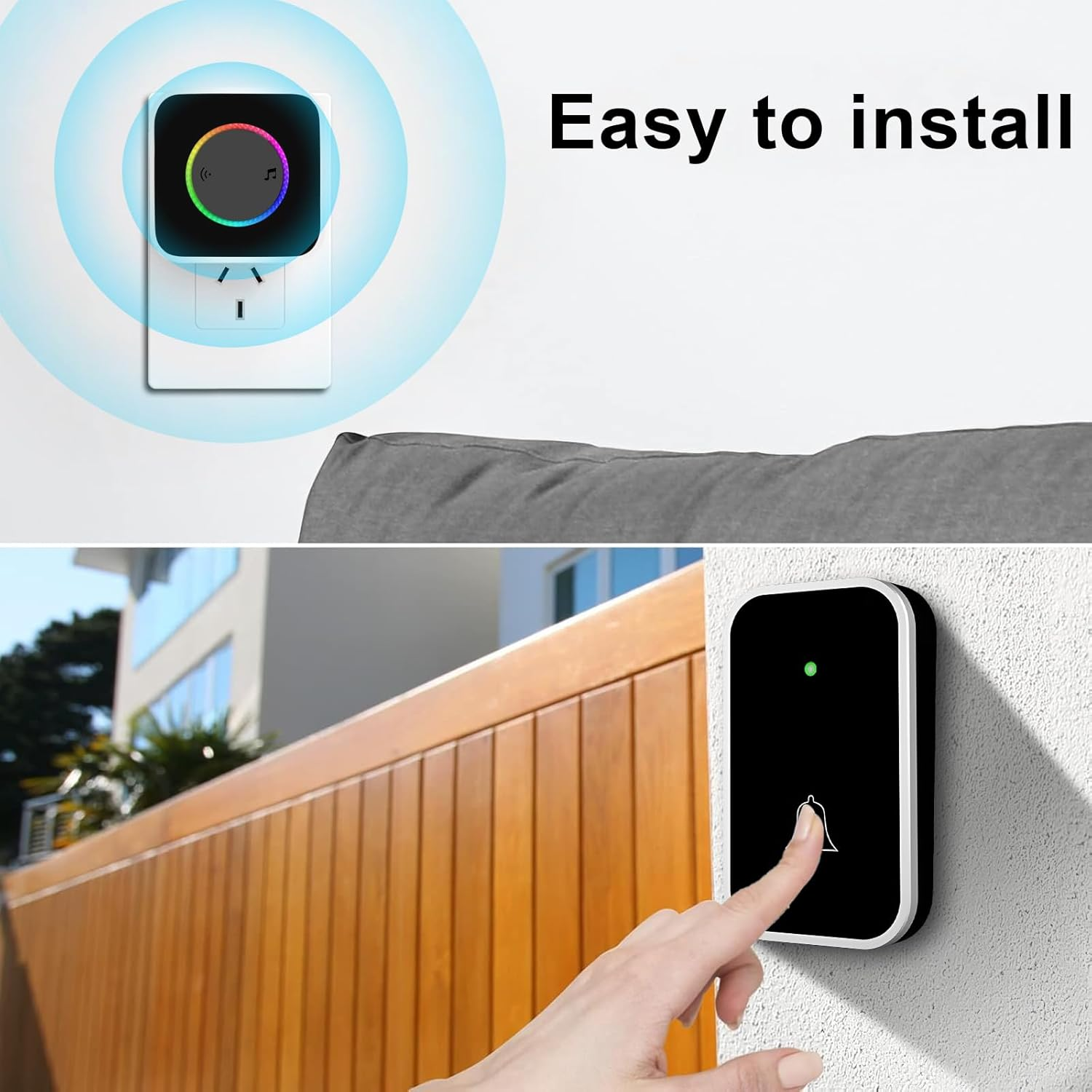 Wireless Doorbell Chime with 1 Remote Waterproof Transmitter and 2 Plugin Receivers, Remote Door Bell Ringer 300M Long Range, 60 Ringtones &bull; 4 Volume Levels &bull; Colorful LED Flash &bull; Portable Doorbell