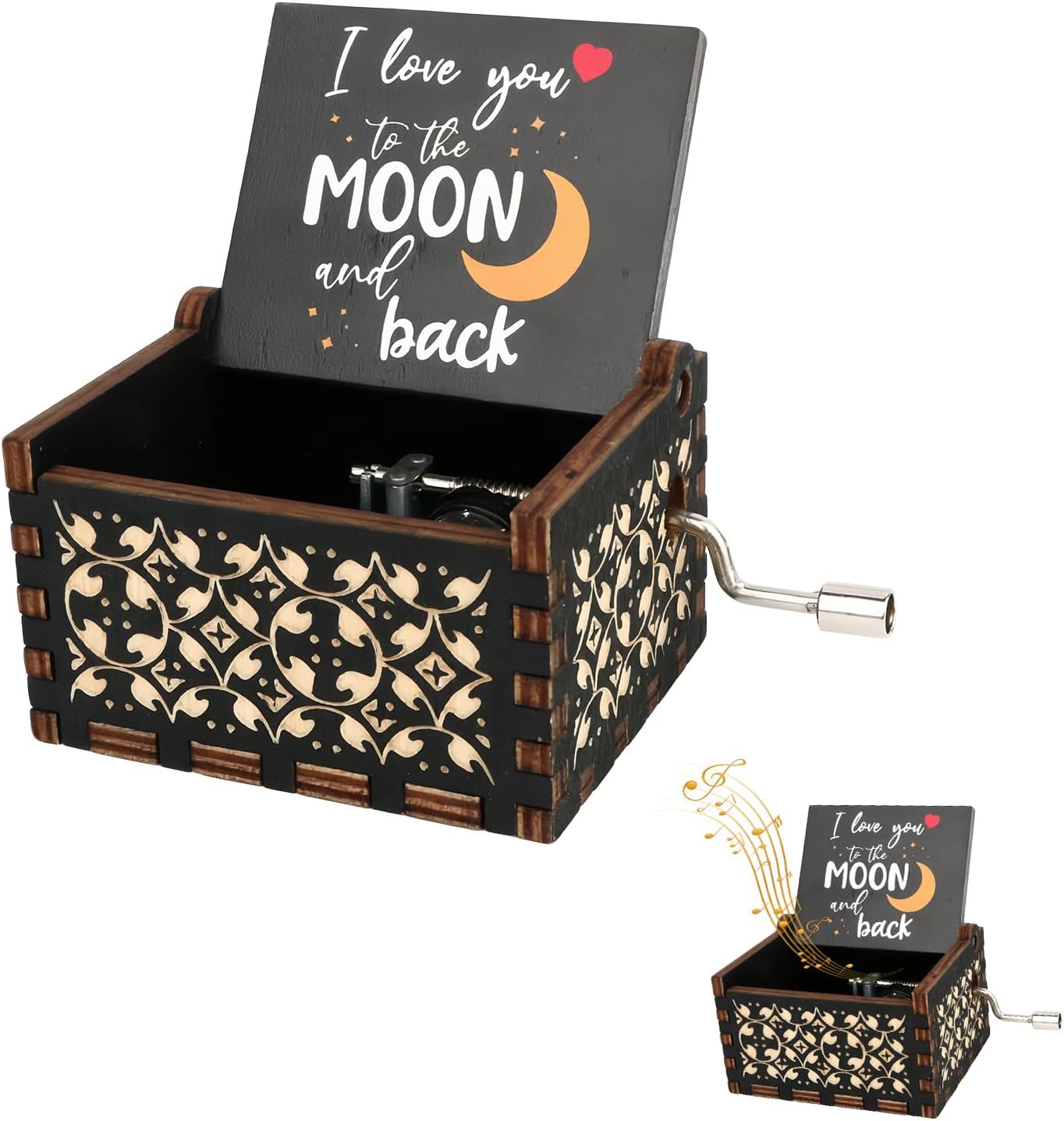 You Are My Sunshine Wooden Hand-Crank Music Box, Vintage Design with &lsquo;I Love You to the Moon and Back&rsquo; Carvings, Wife, Girlfriend, Boyfriend ，Wedding Anniversary, Birthday image number 2